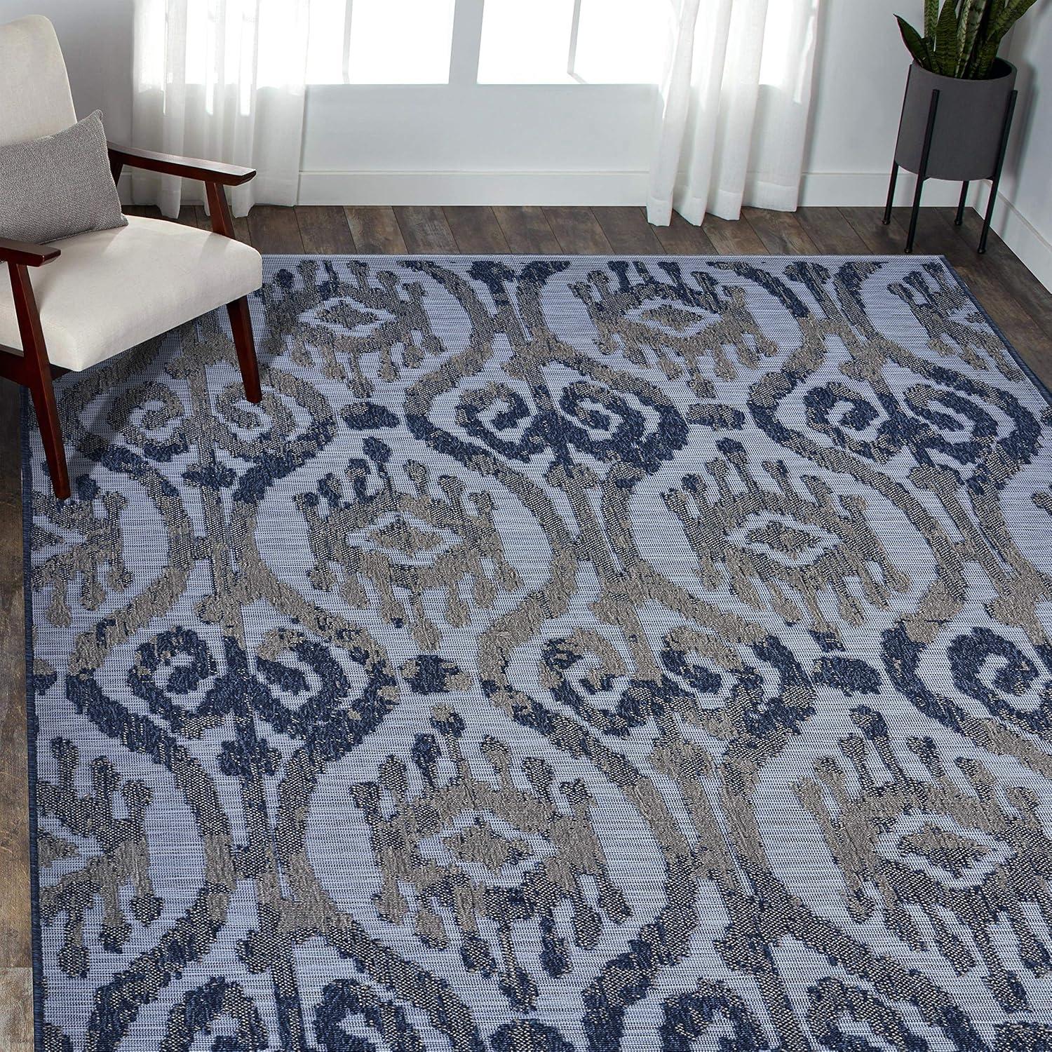 LR Home Reese 7'9" x 9'9", Blue/Gray Ikat Fade, Stain, and Moisture Resistant Indoor/Outdoor Area Rug