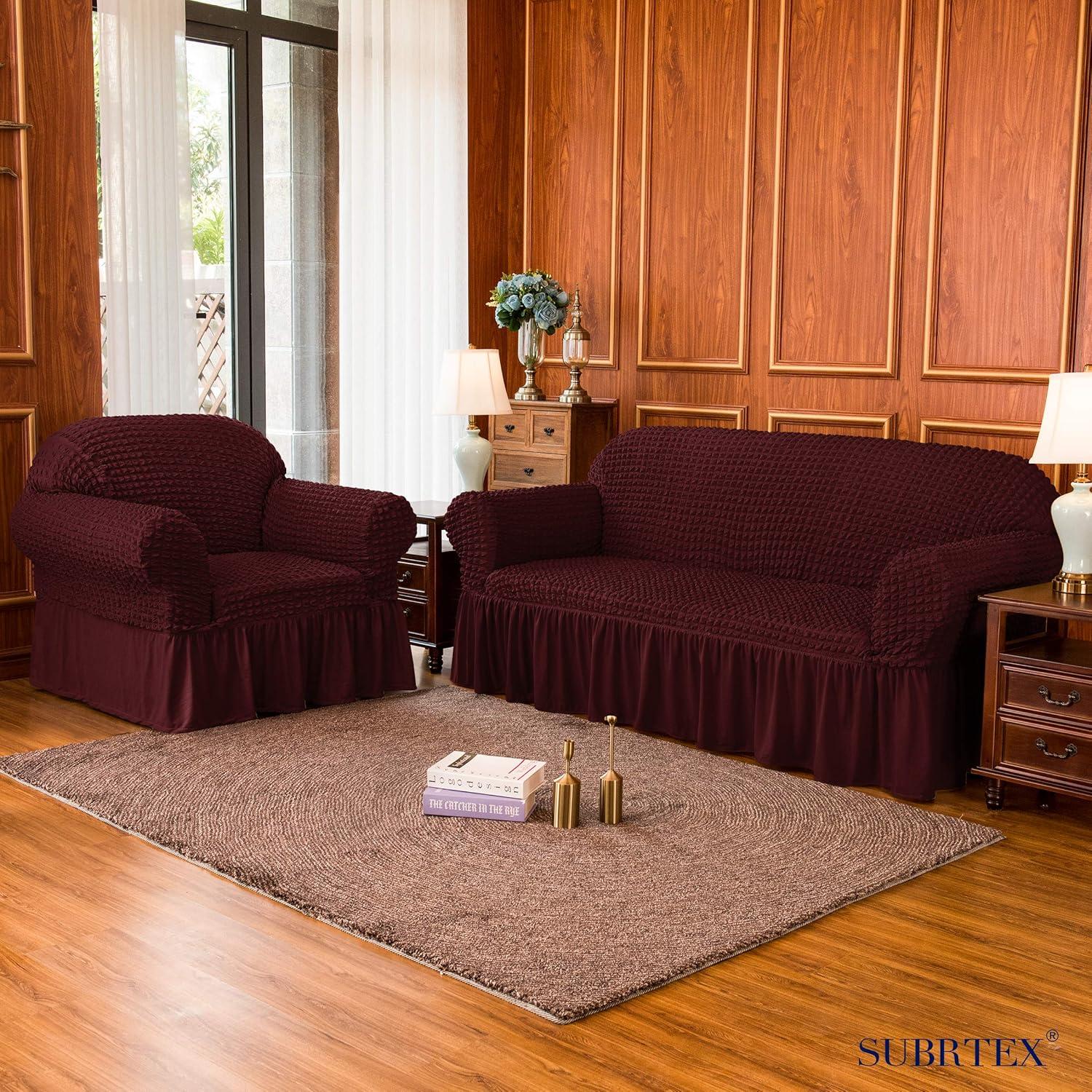 SUBRTEX 1 Piece Seersucker Sofa Slipcover with Skirt Universal Stretch Sofa Couch Slipcover Easy Fitted Chair Furniture Protector(1 Seater,Wine)
