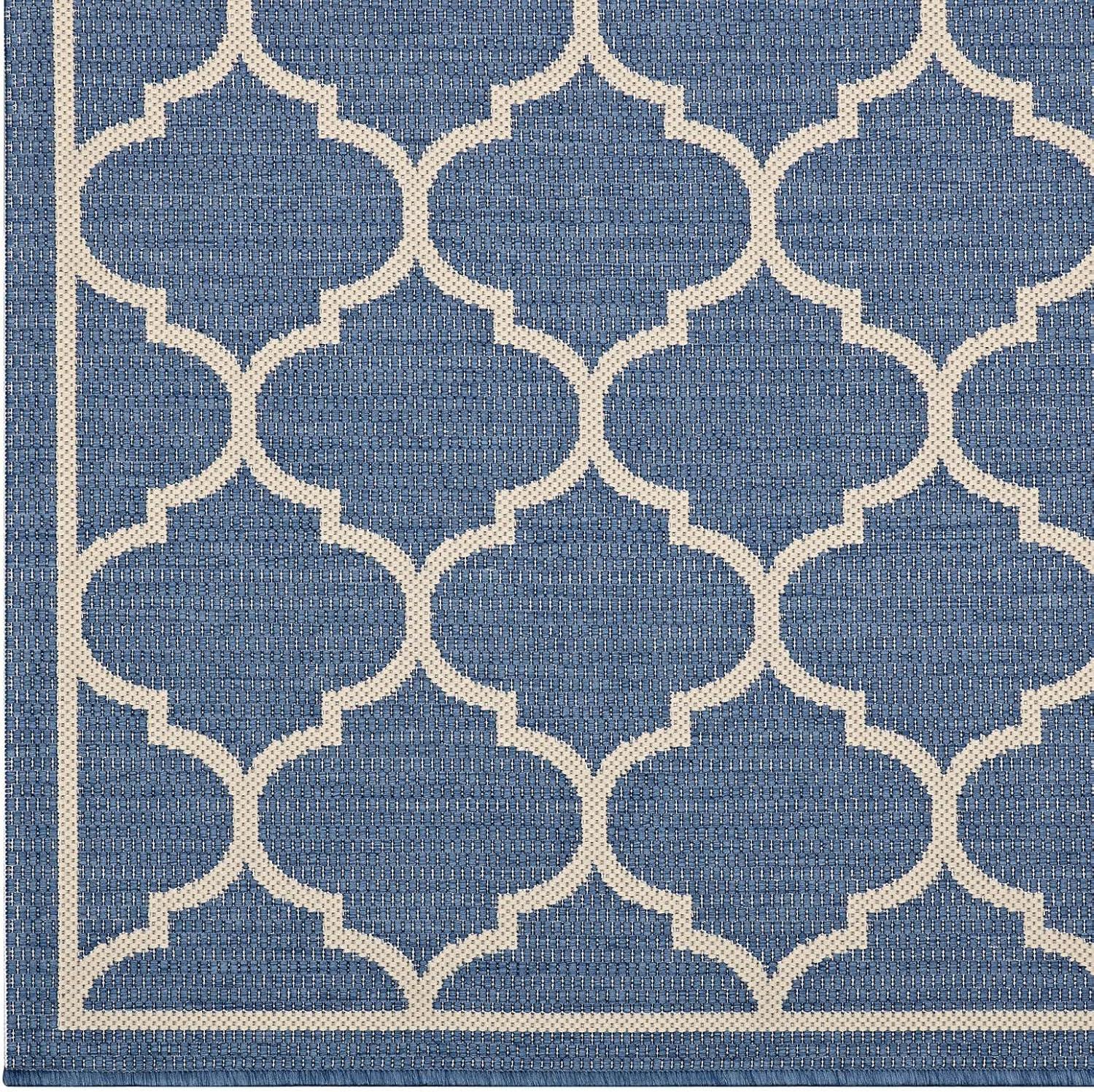 Modway Avena Moroccan Quatrefoil Trellis 8x10 Indoor and Outdoor Area Rug - Blue and Beige,  100% Soft Polypropylene ,  Tight Low Pile Weave