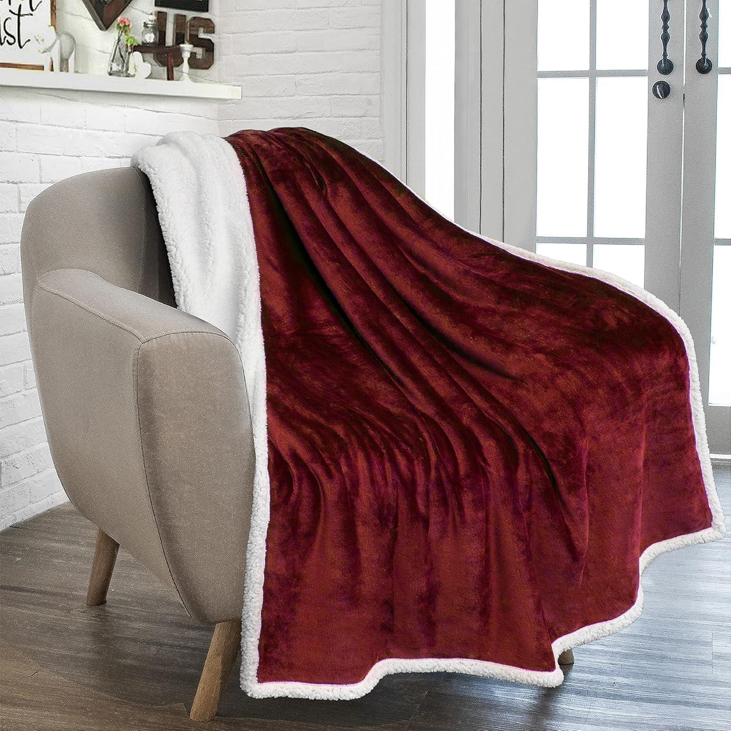 Wine Red Reversible Sherpa Fleece Throw Blanket 50" x 60"