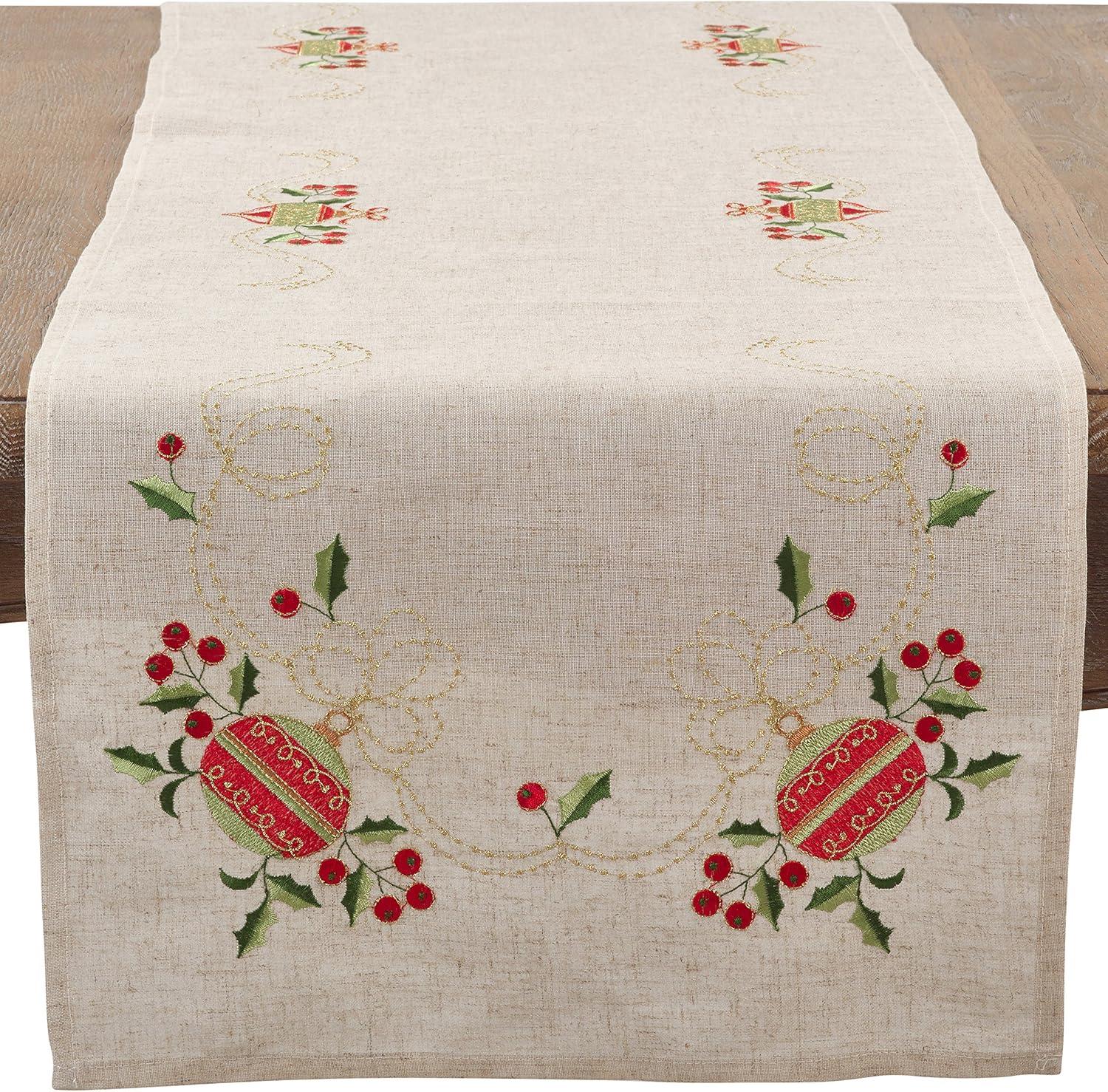 Saro Lifestyle Embroidered Ornament Holly Design Holiday Linen Blend Table Runner