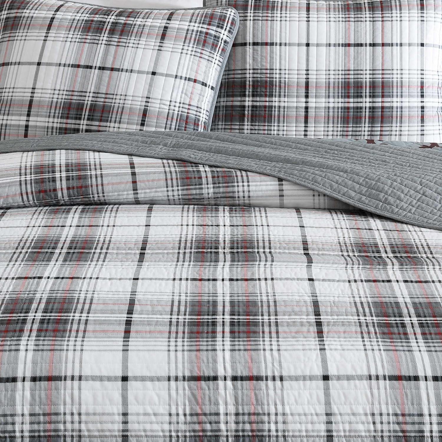 Eddie Bauer - Twin Quilt Set, Reversible Cotton Bedding with Matching Sham, Plaid Home Decor for All Seasons (Alder Plaid Grey, Twin)