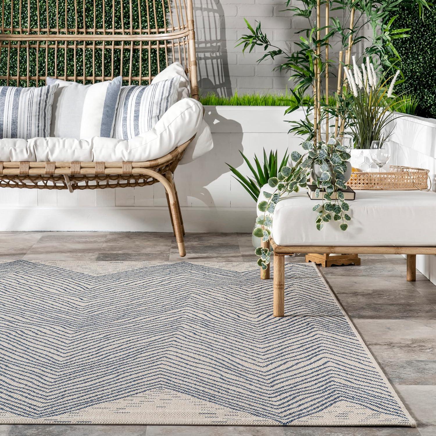 Dunham Abstract Indoor/Outdoor Area Rug for Living Room Patio Deck Front Porch Kitchen, Blue/Ivory