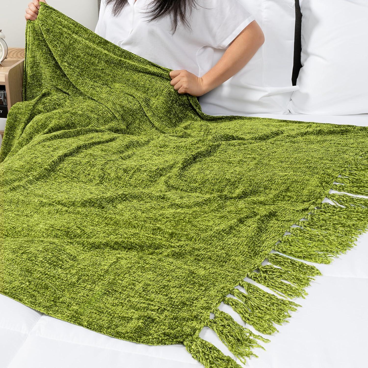 PAVILIA Chenille Throw Blanket with Woven Knitted Tassel Fringe for Couch, Living Room Decor and Bed, Olive/Twin - 60x80