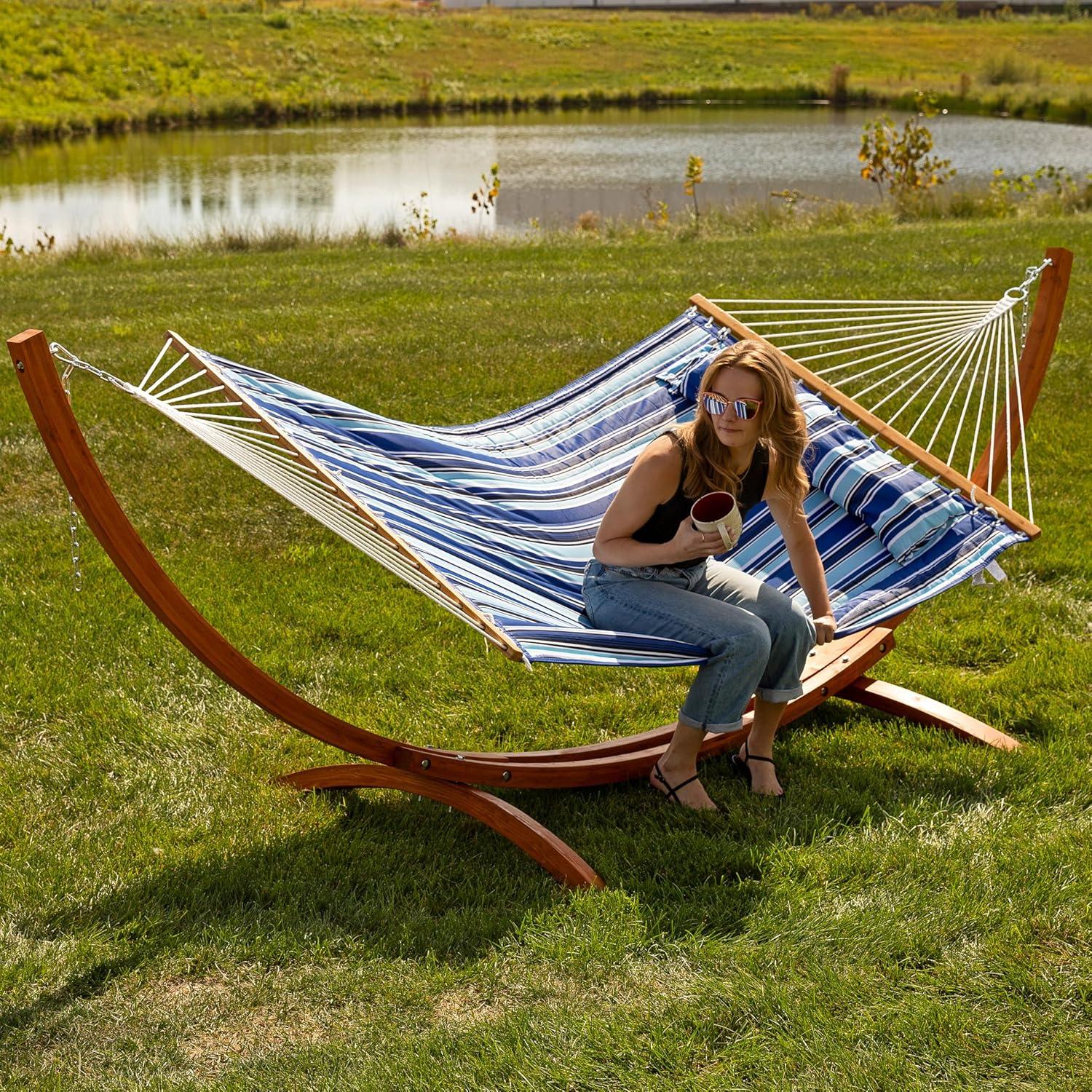 Sunnydaze Quilted Double Fabric 2-Person Hammock with Curved Arc Wood Stand - 400 lb Weight Capacity/13' Stand - Catalina Beach