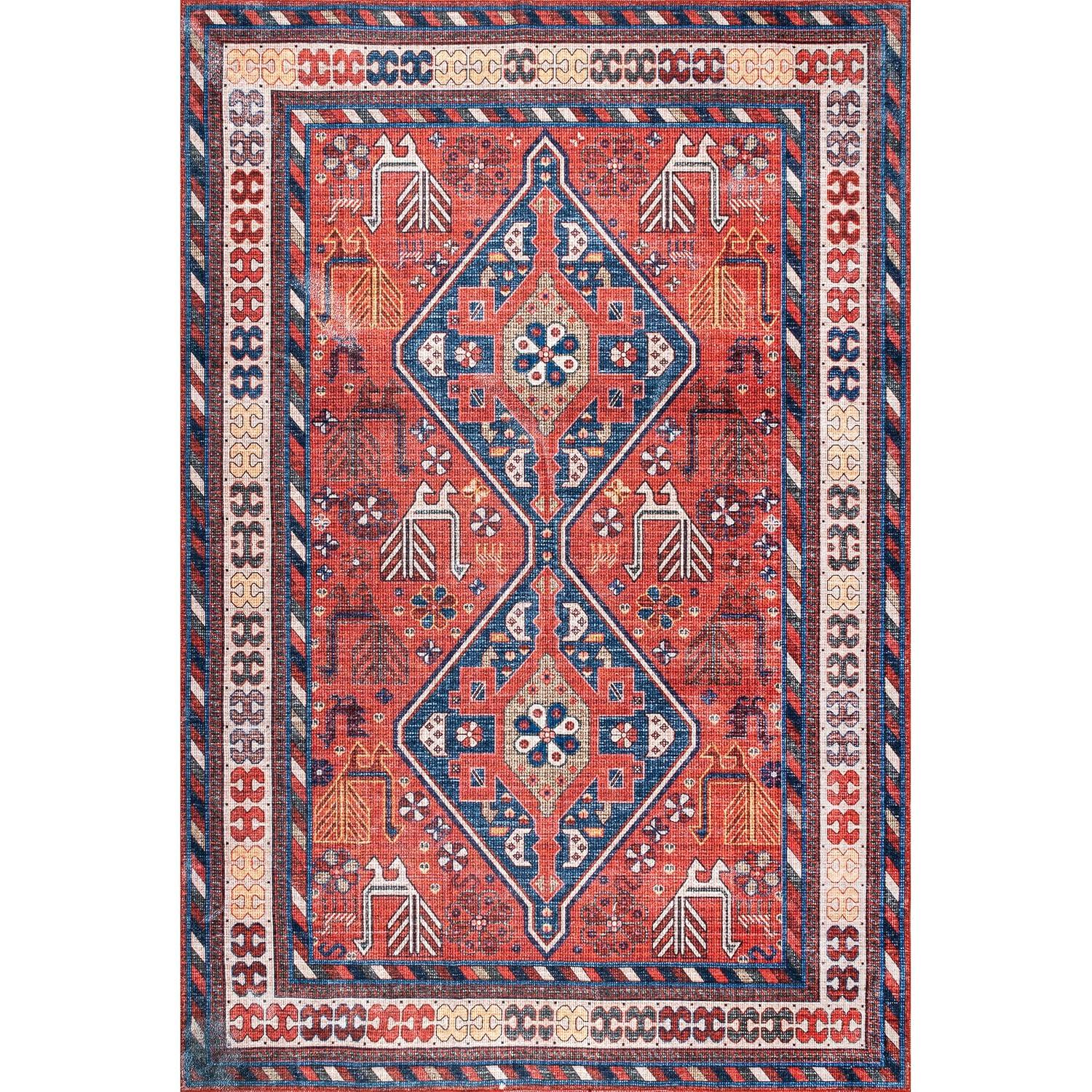 nuLOOM Stella Machine Washable Traditional Tribal Ultra Thin Accent Rug, 2' x 3', Rust