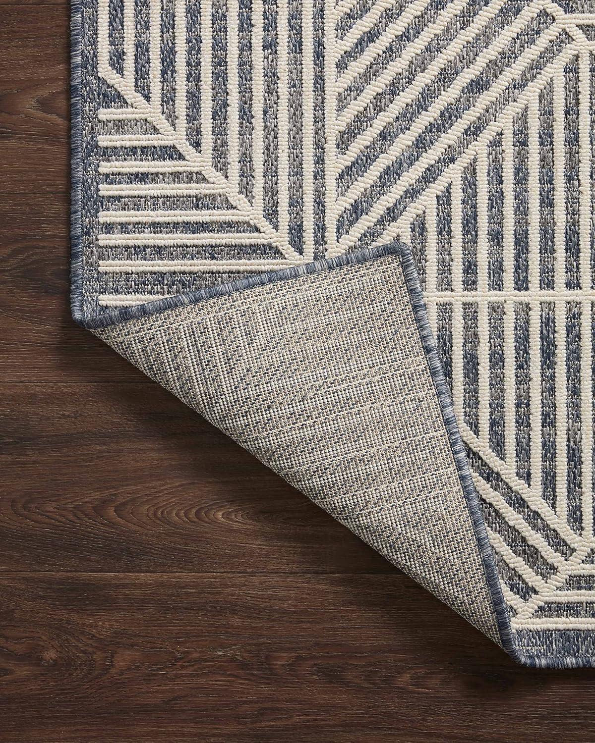 Handmade Denim & Ivory Geometric Outdoor Rug - 27" x 91"