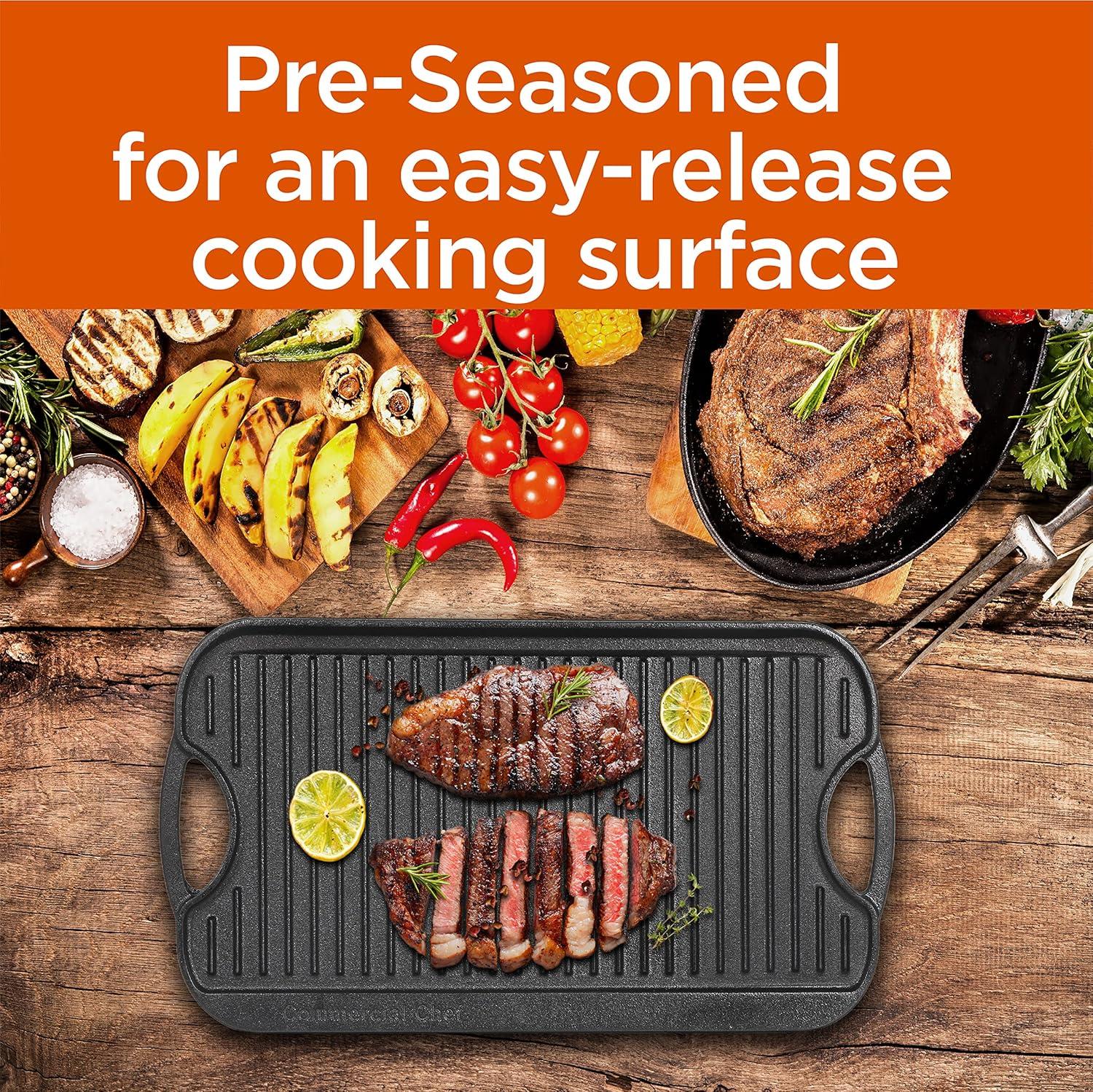 COMMERCIAL CHEF Pre-Seasoned Cast Iron Reversible Grill Griddle  20" x 10", Black