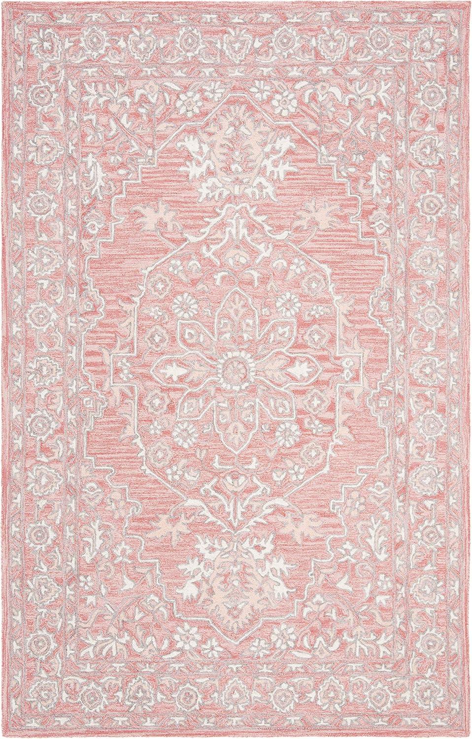 SAFAVIEH Micro-Loop Britton Floral Bordered Wool Area Rug, Pink/Ivory, 4' x 6'