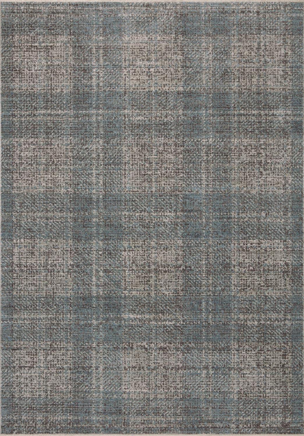 Denim and Charcoal Plaid Wool Synthetic Flat Woven Rug