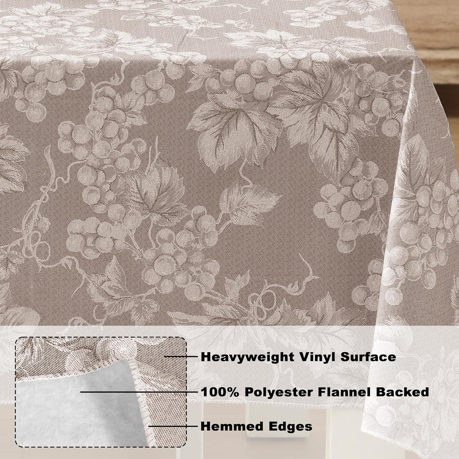 Taupe Grapevine Print Vinyl Tablecloth with Flannel Backing