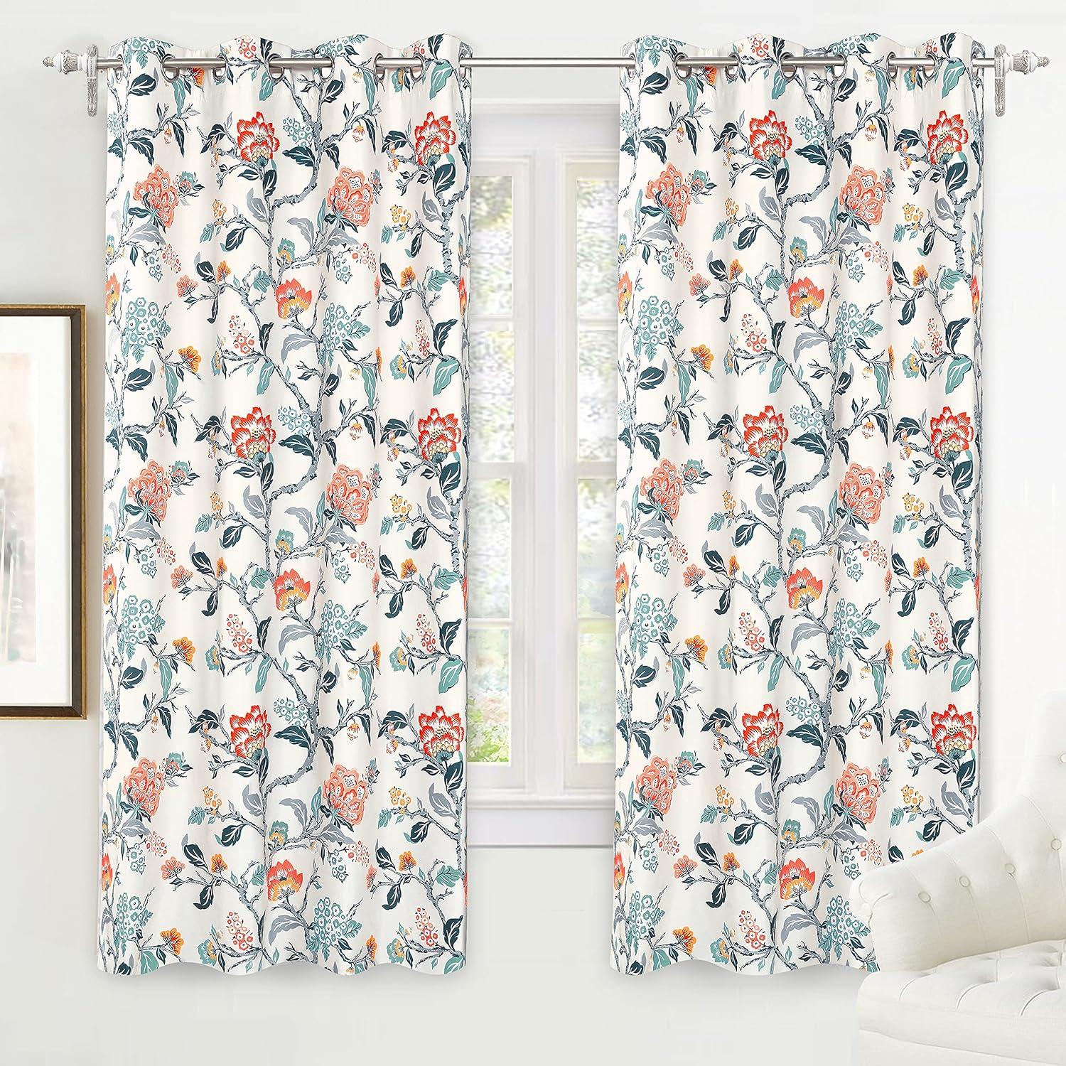 DriftAway Ada Floral Lined Thermal Insulated Room Darkening Blackout Grommet Window Curtains, 2 Panels, 52" x 72", Ivory Orange Teal