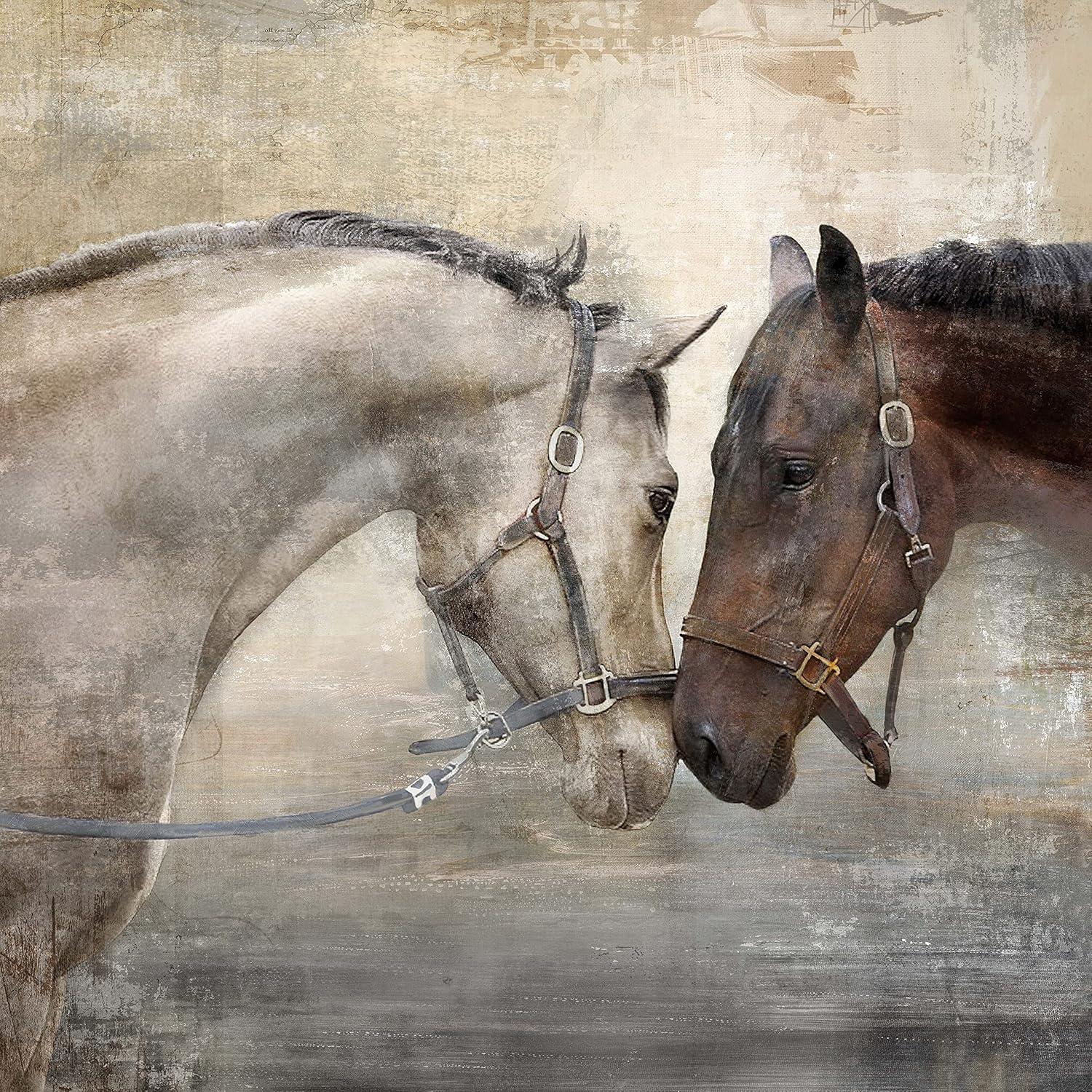 Loving Horse Duo 16" x 16" Canvas Art in Neutral Tones