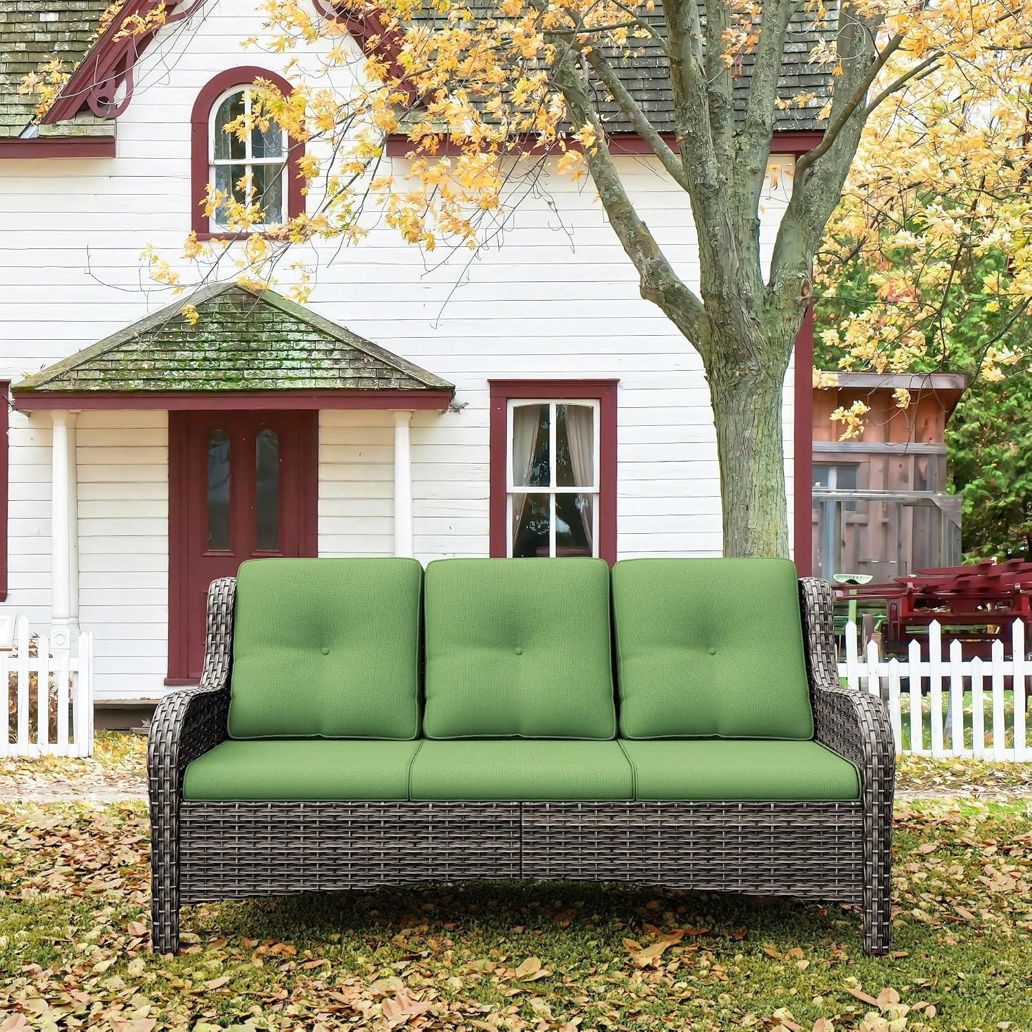 3-Seat Wicker Outdoor Patio Sofa Sectional Couch with Green Cushions