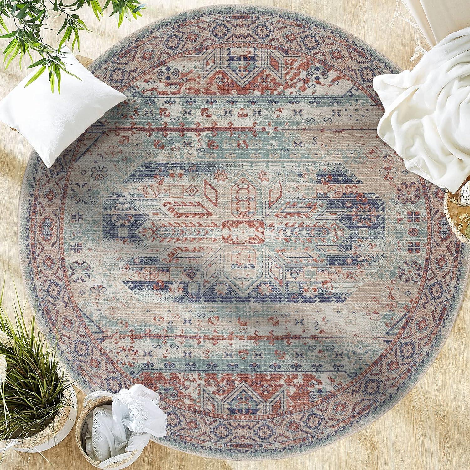 Adiva Vintage Beige and Blue Polyester Round Rug