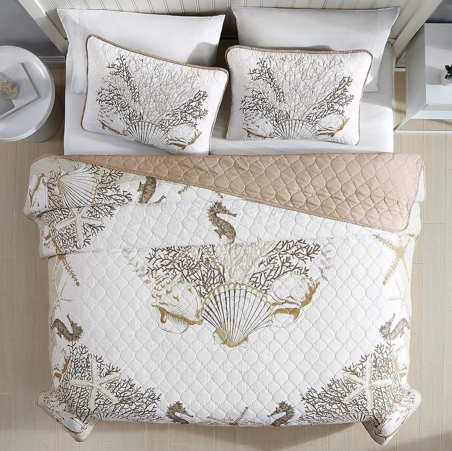 Caribbean Joe  Coastal 3PC Quilt Set Patterned Shell Navy - Full - Queen