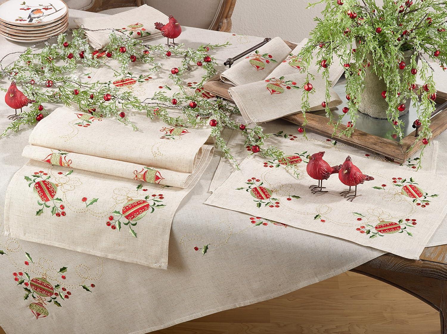 Embroidered Ornament Holly Design Linen Blend Holiday Napkins - Set of 4