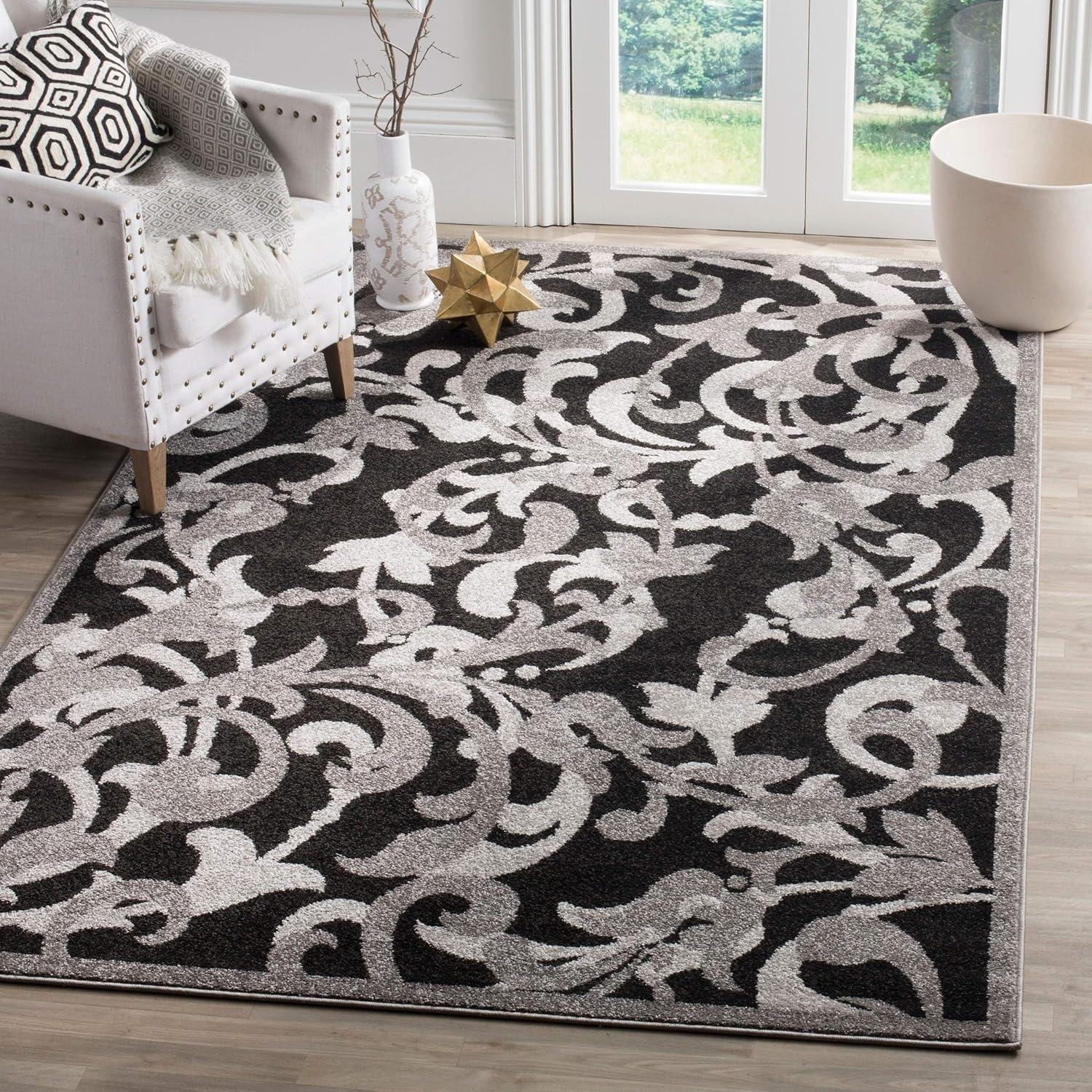 Reversible Anthracite & Light Grey Floral Synthetic 4' x 6' Area Rug