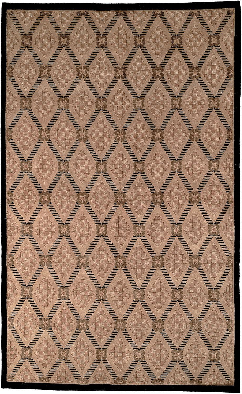 Hand-Knotted Black and Beige Geometric Wool Silk Rug