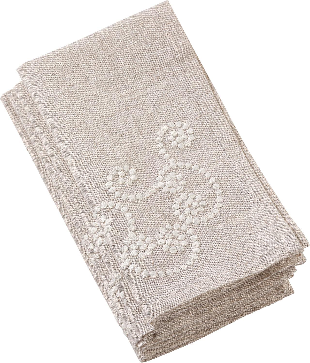 Saro Lifestyle Embroidered Swirl Design Natural Linen Blend Napkin - Set of 4