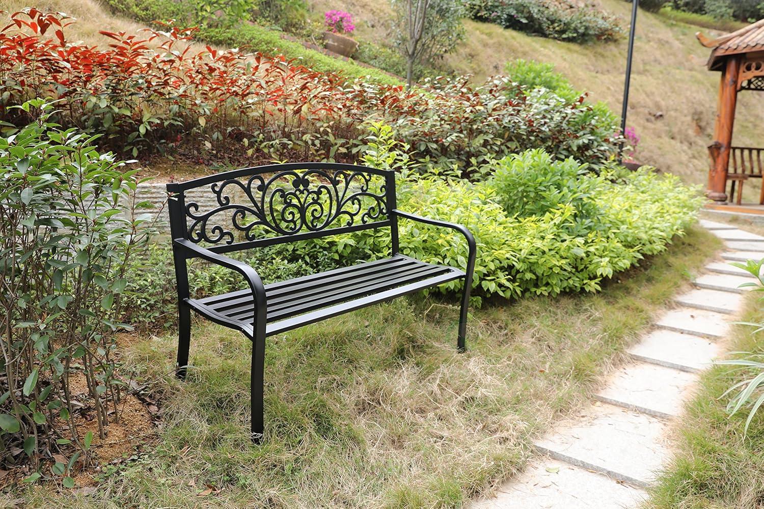 Gardenised Black Patio Garden Park Yard 50" Outdoor Steel Bench Powder Coated with Cast Iron Back