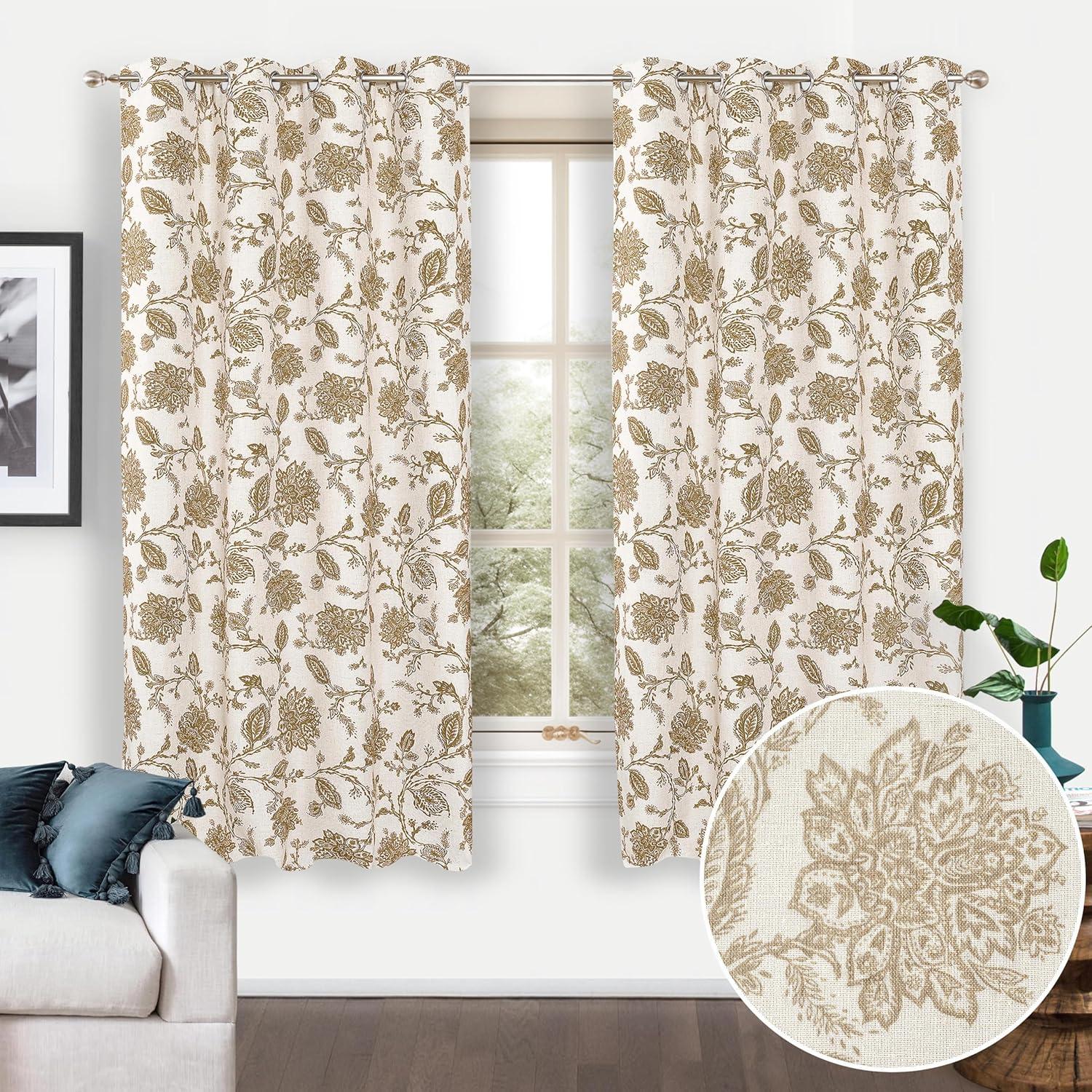 Taupe Linen Floral Blackout Grommet Curtains, 52" x 63"