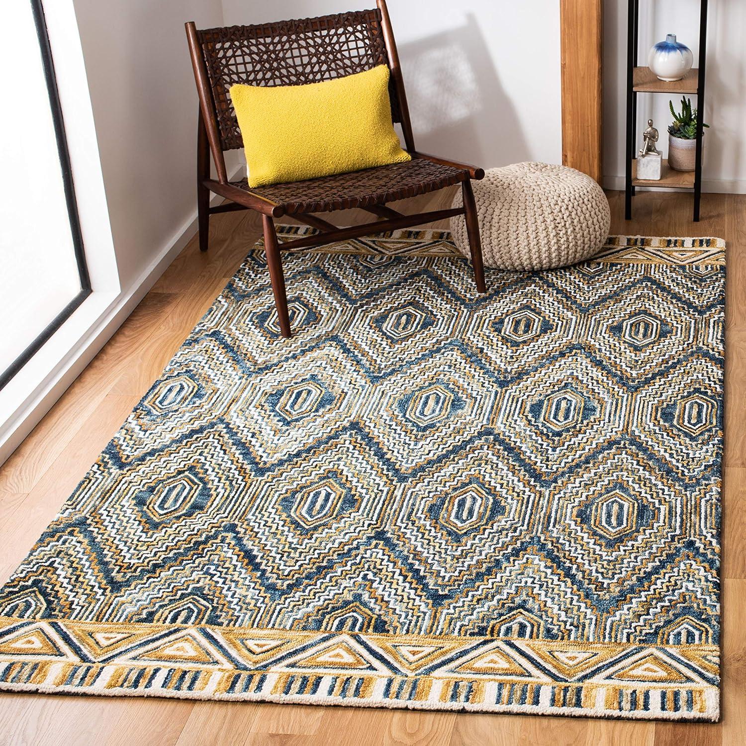 Handmade Boho Chic Blue Geometric Square Wool Rug 7'