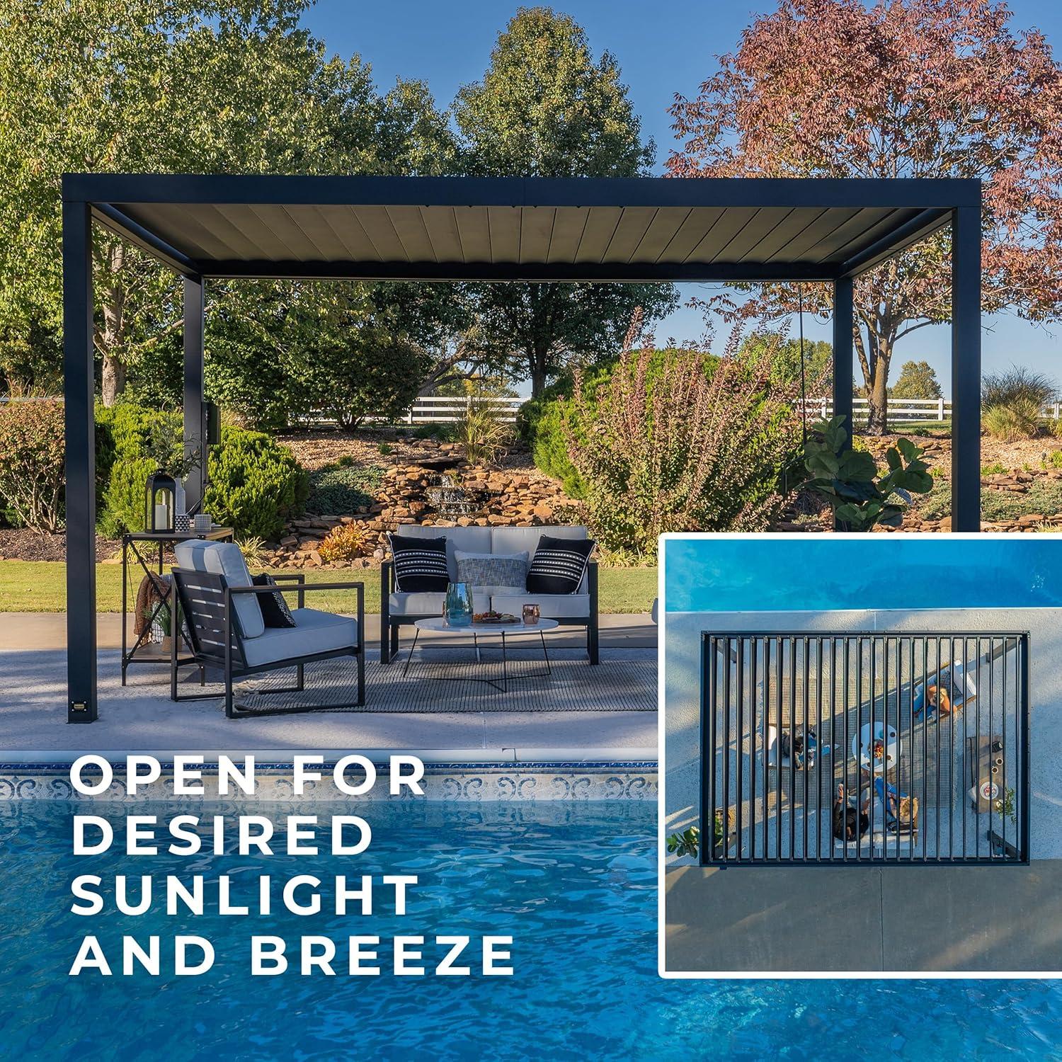 Backyard Discovery Backyard Discovery Sarasota 14' x 10' Galvanized Steel Outdoor Louvered Pergola Kit with Adjustable Steel Roof and PowerPort