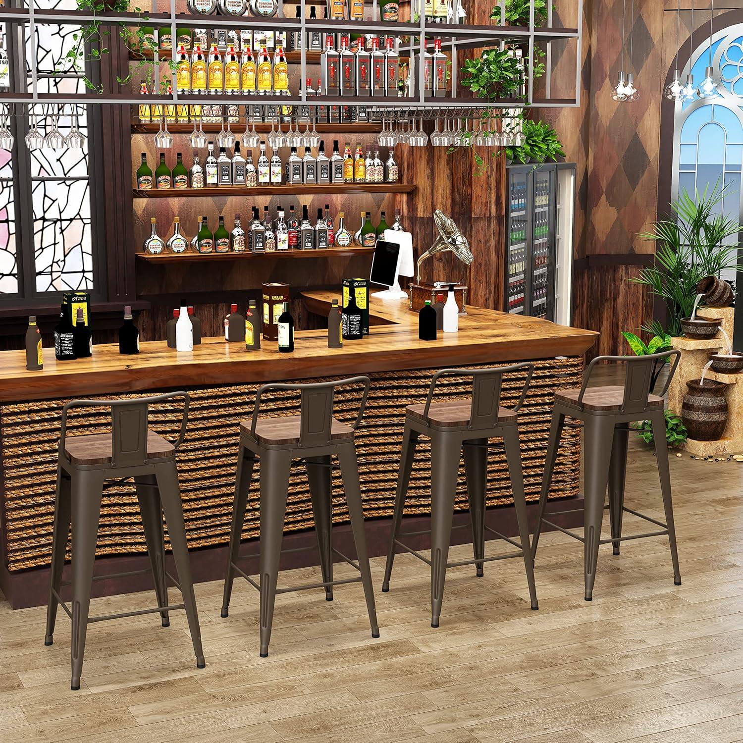 WENTMENT Bar Stools Set of 4 Counter Height Bar Stools Metal Barstools with Removable Back 30" Kitchen Bar Stools with Wooden Seat, Rusty