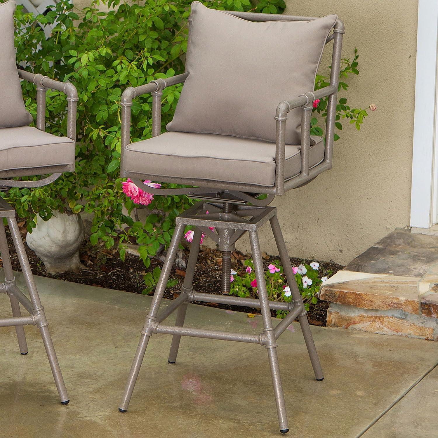 Adjustable Brass and Beige Outdoor Pipe Barstool with Cushions