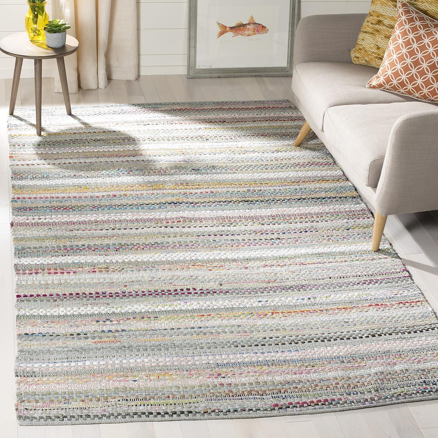 Grey and Multicolor Handwoven Wool Cotton Stripe Area Rug