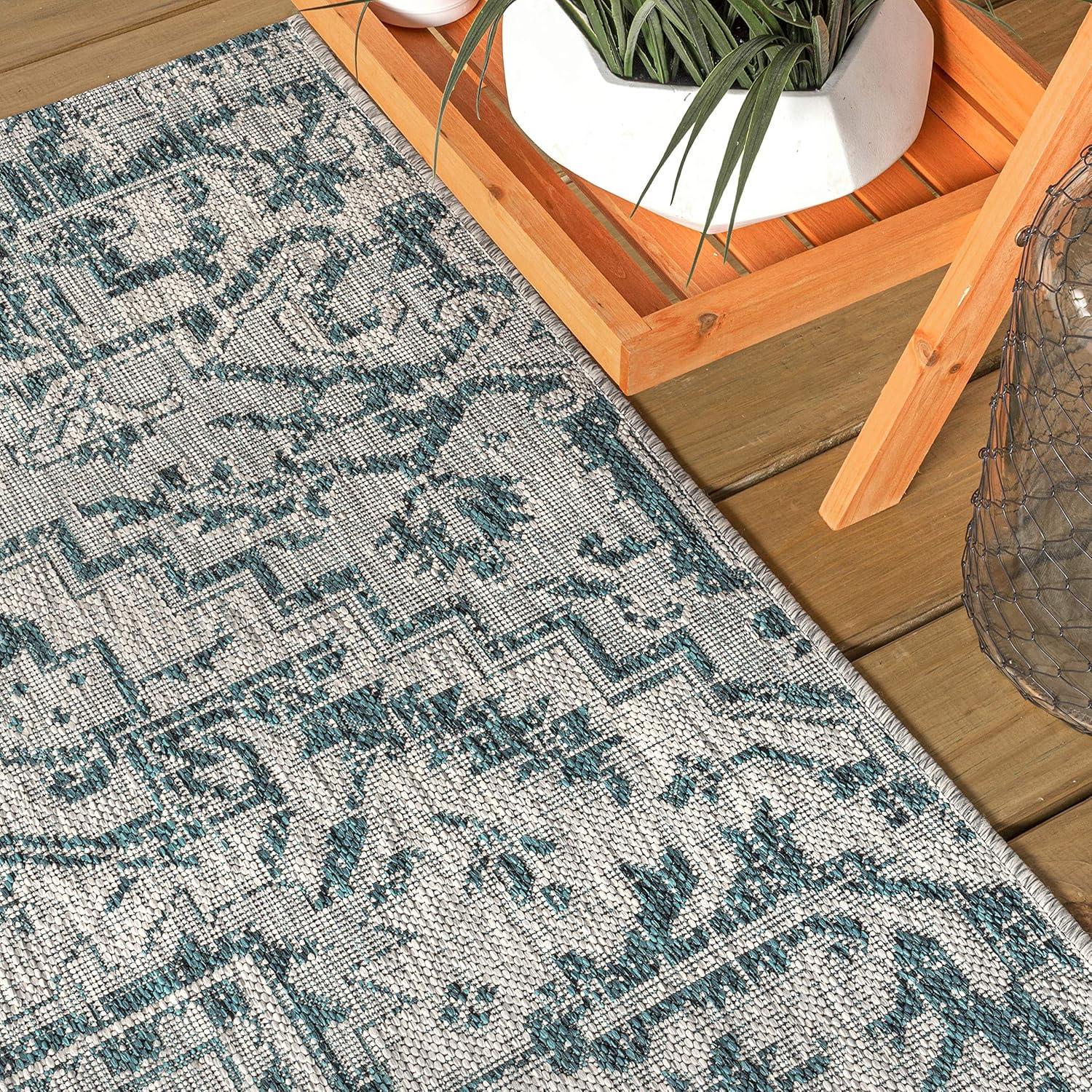 5' Square Estrella Bohemian Medallion Textured Weave Indoor/Outdoor Area Rug, Teal/Gray - JONATHAN Y