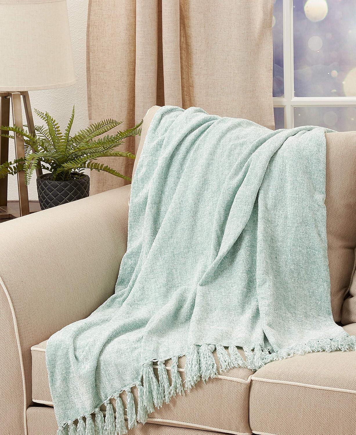 50"x60" Chenille Throw Blanket with Fringed Edges Aqua - Saro Lifestyle: Soft, Cozy for Couch, Woven Polyester