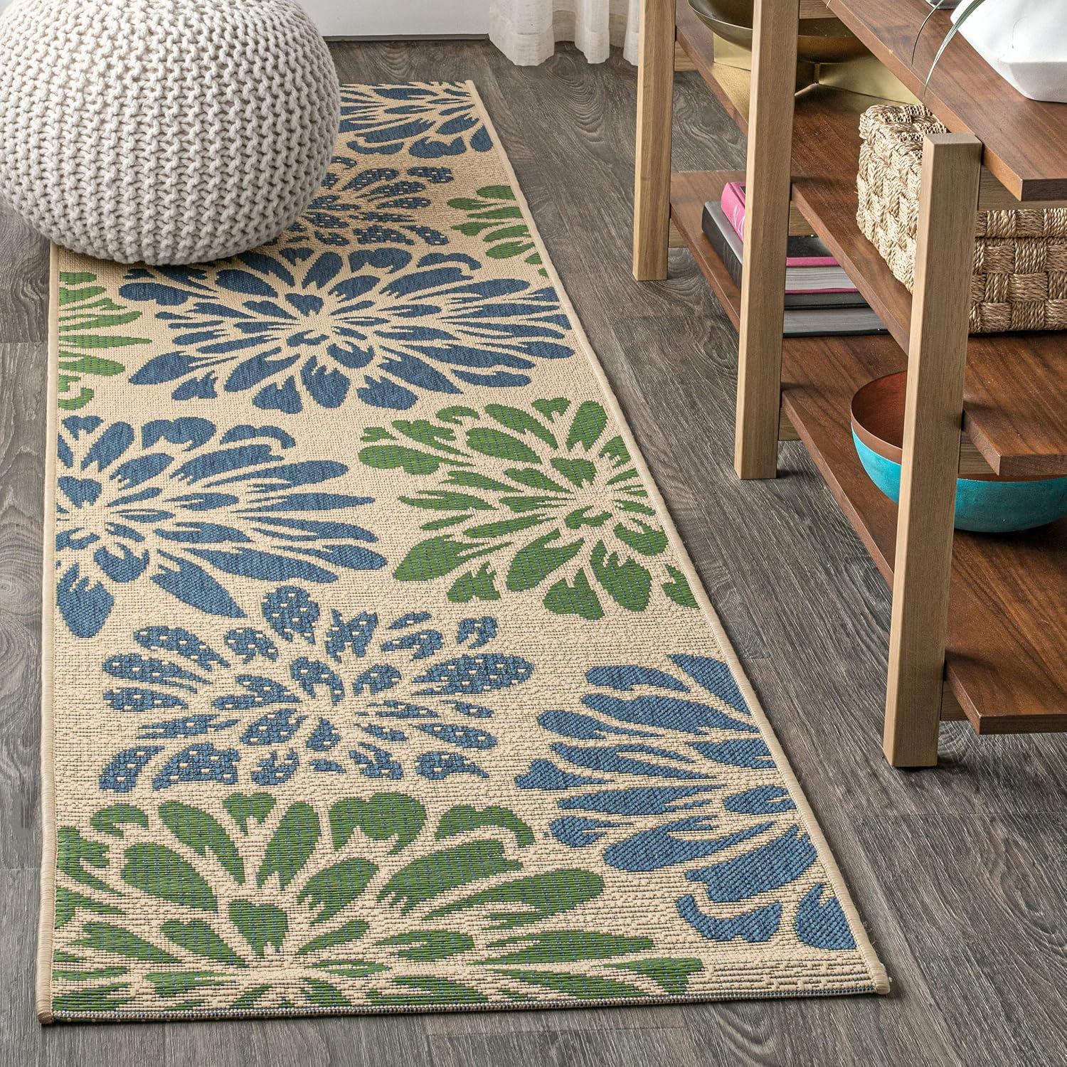 2'x8' Zinnia Modern Floral Textured Weave Indoor/Outdoor Runner Rug, Navy/Green - JONATHAN Y