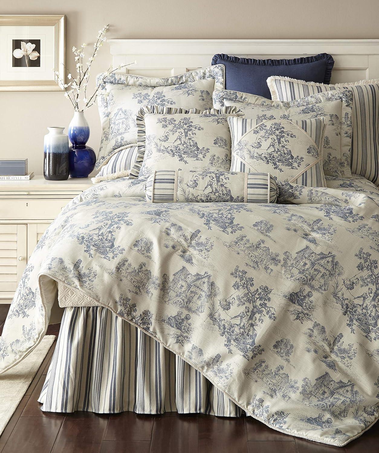 King Blue and Off-White Toile Comforter Set