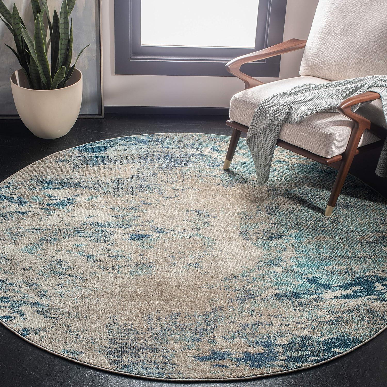 SAFAVIEH Madison Oscar Abstract Distressed Area Rug, Blue/Grey, 5' x 5' Round