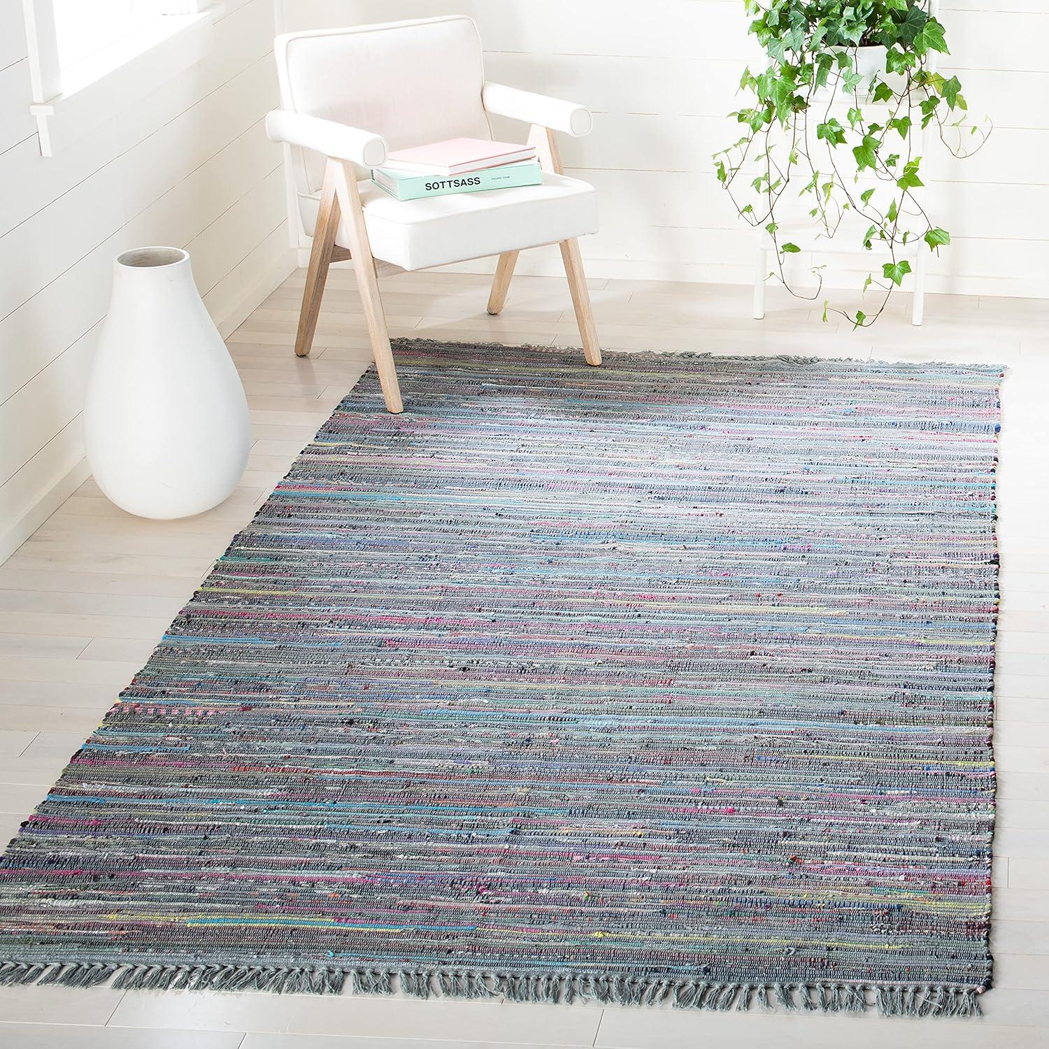 Rag Rug RAR121 Hand Woven Indoor Area Rug - 8'x10' - Aqua/Multi - Safavieh