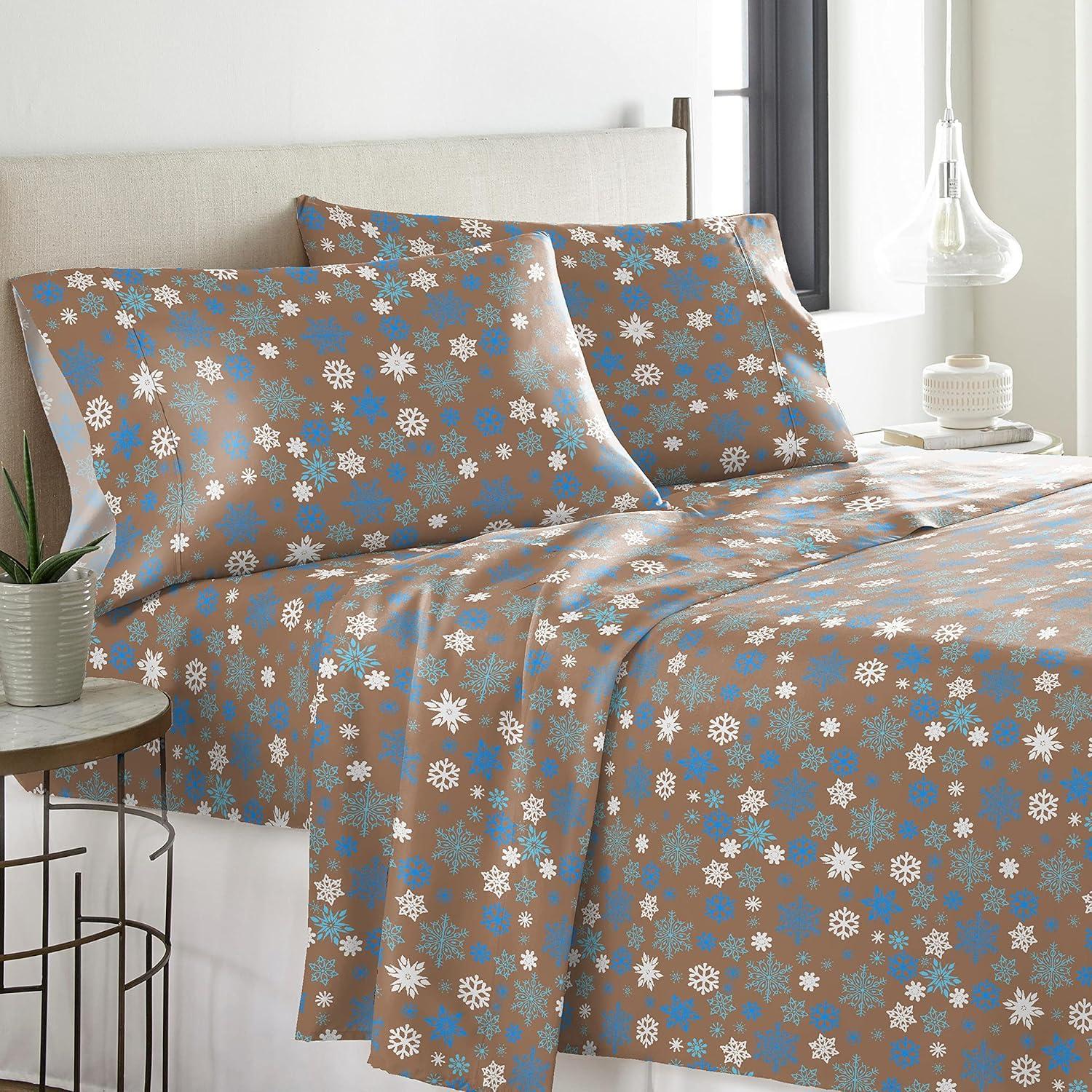 Queen Blue and Tan Cotton Flannel Sheet Set