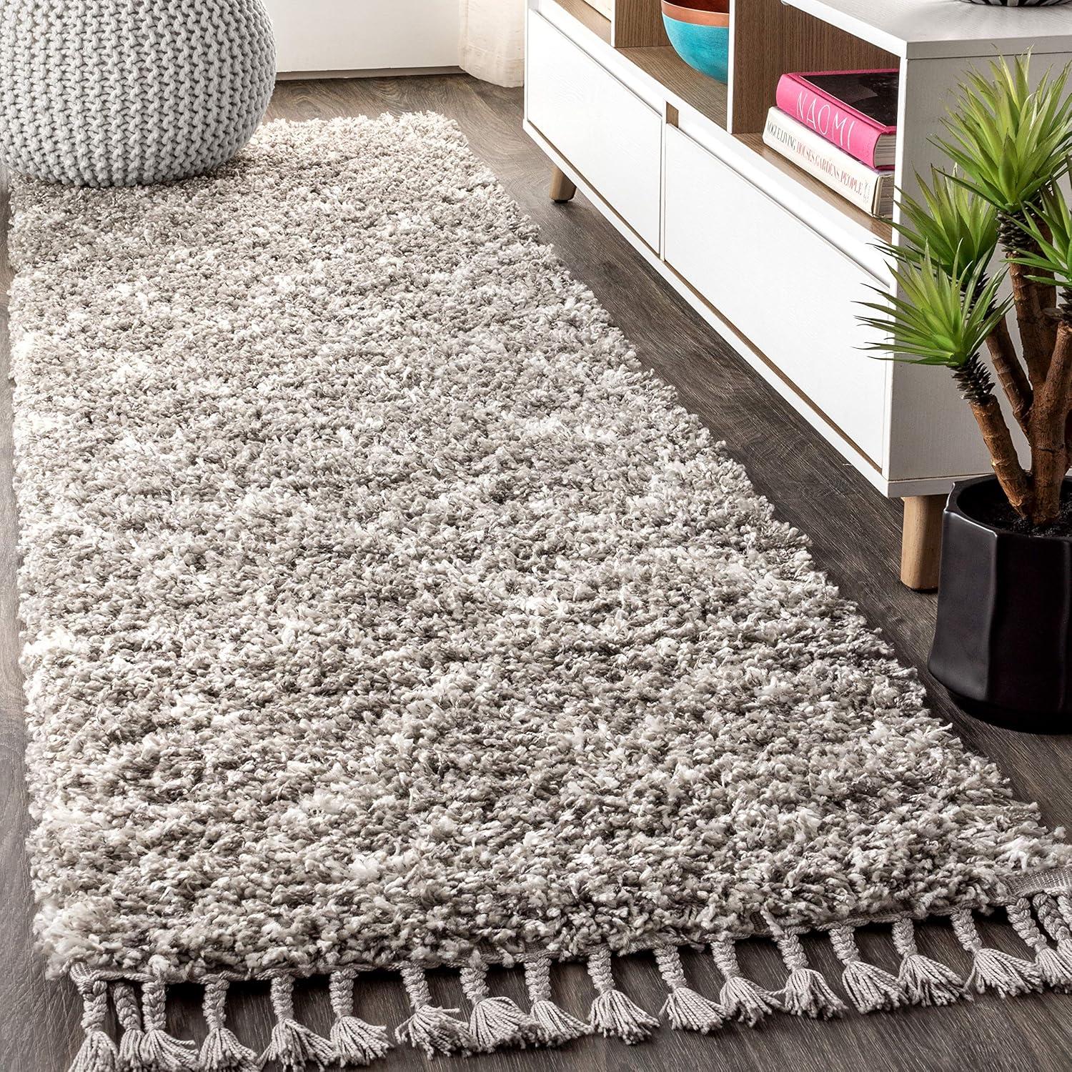 2'x8' Mercer Shag Plush Tassel Moroccan Geometric Trellis Area Rug, Grey/Cream - JONATHAN Y