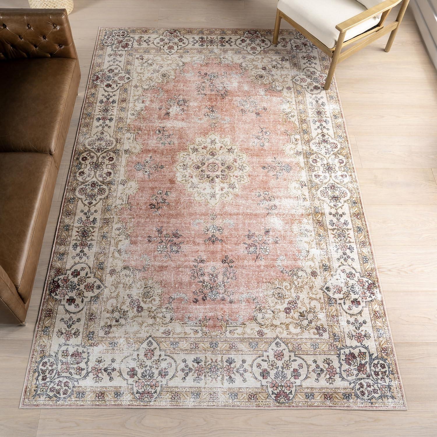 Nuloom Teja SplashGuard Persian Medallion Machine Washable Area Rug, 4' x 6', Teja Peach