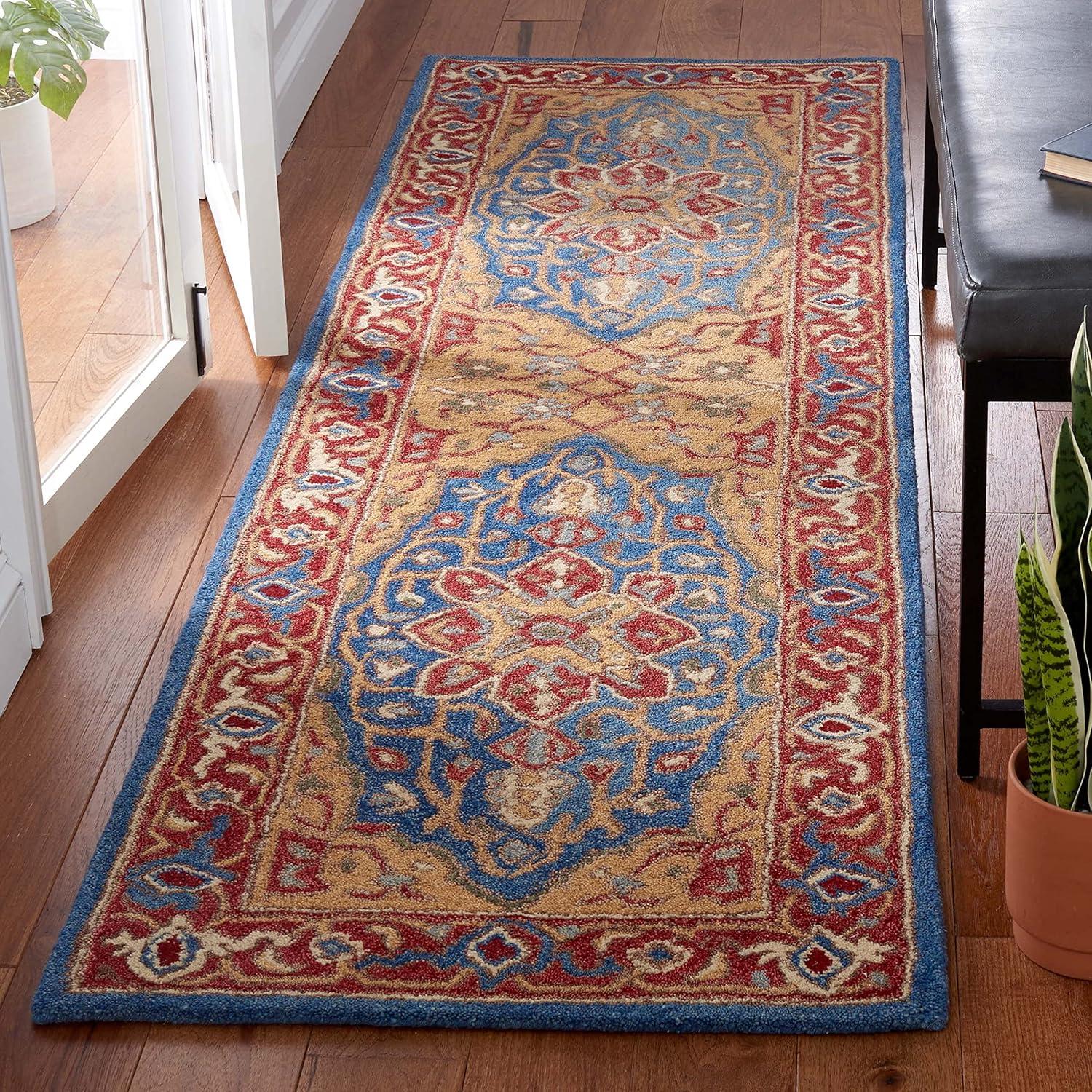 Handmade Red and Blue Wool Tufted Runner Rug