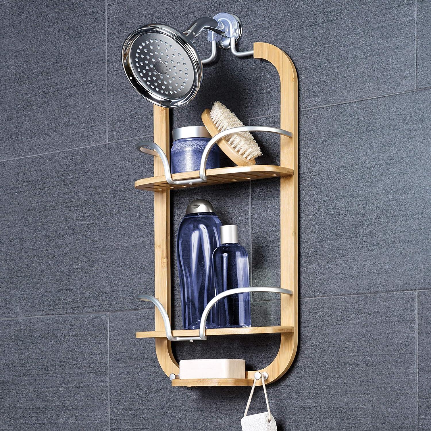 Bamboo Shower Caddy with 2 Shelves, Zenna Home NeverRust LockTop over-the-Showerhead