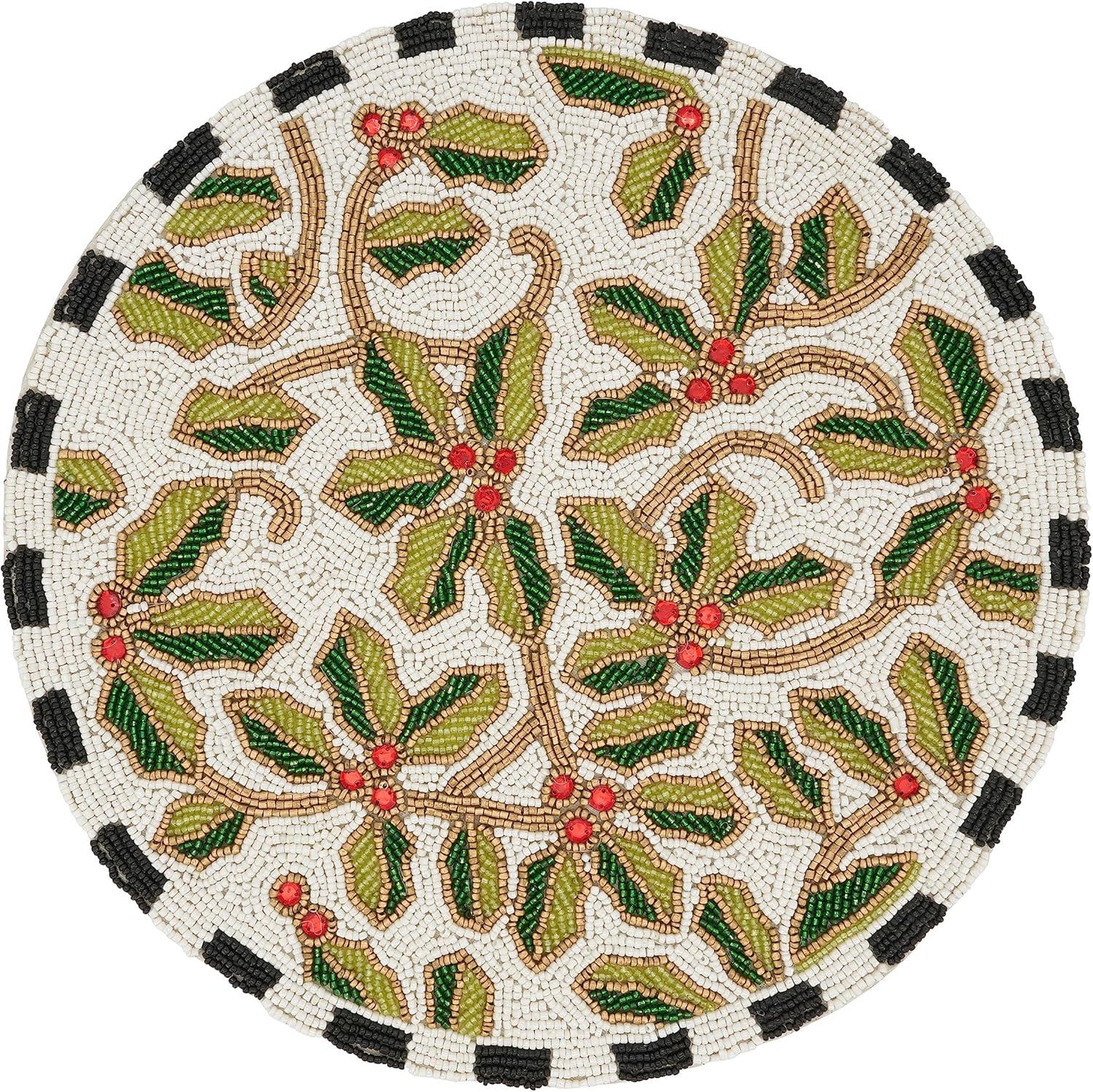 Festive Holly Leaves Beaded Round Placemats Set of 4