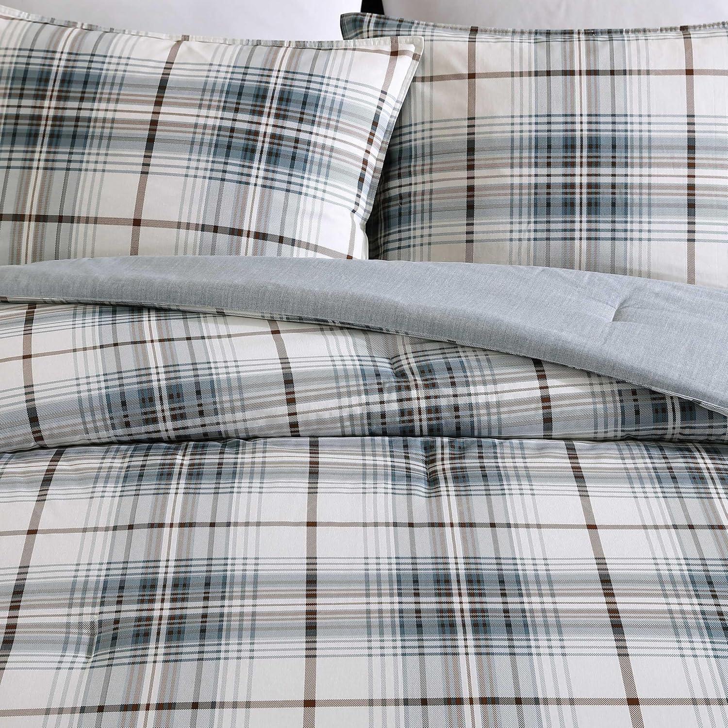 Alder Blue and Grey Plaid Cotton Twin Comforter Set