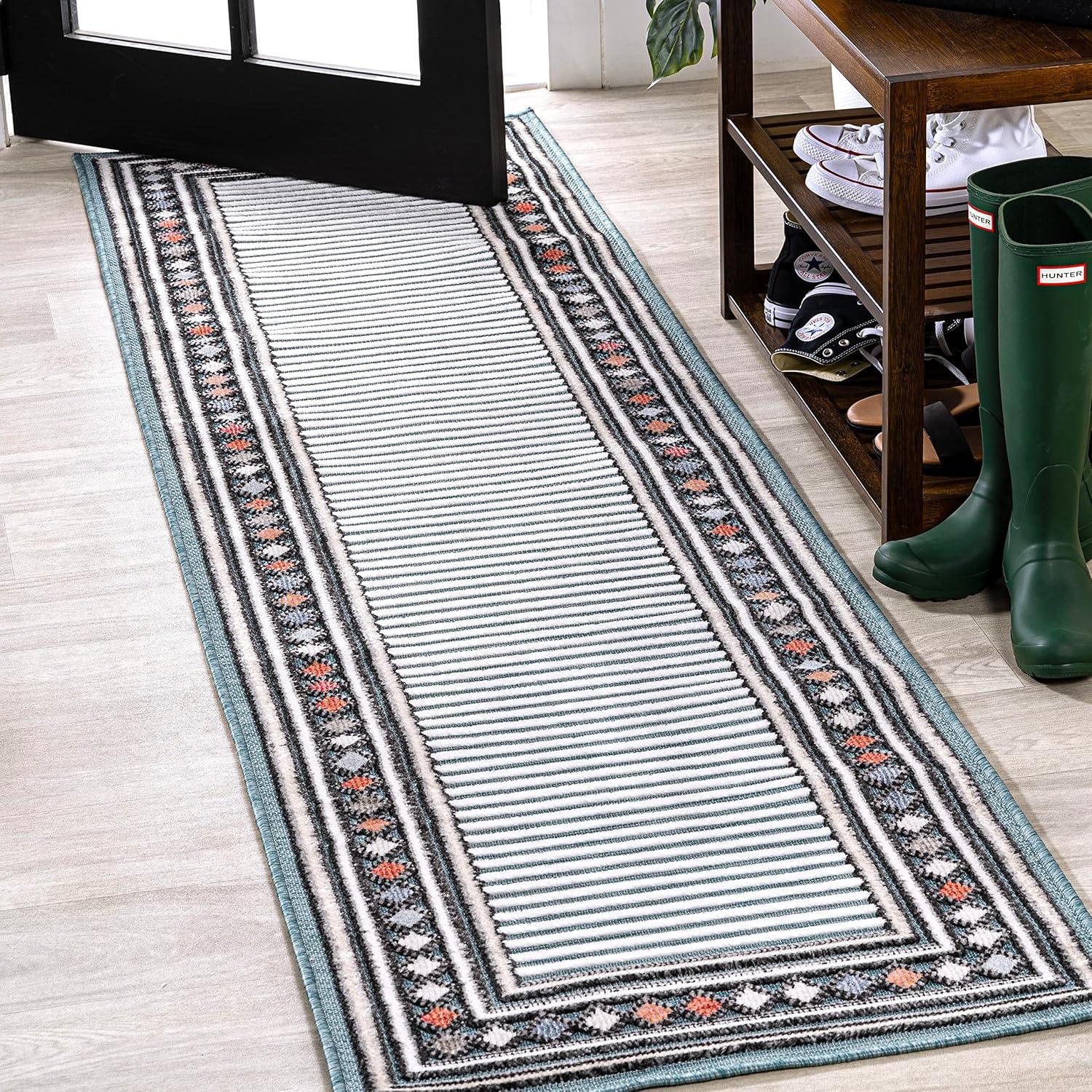 JONATHAN Y Sebastian High-Low Modern Diamond Border Blue/Ivory 2 ft. x 8 ft. Indoor/Outdoor Runner Rug