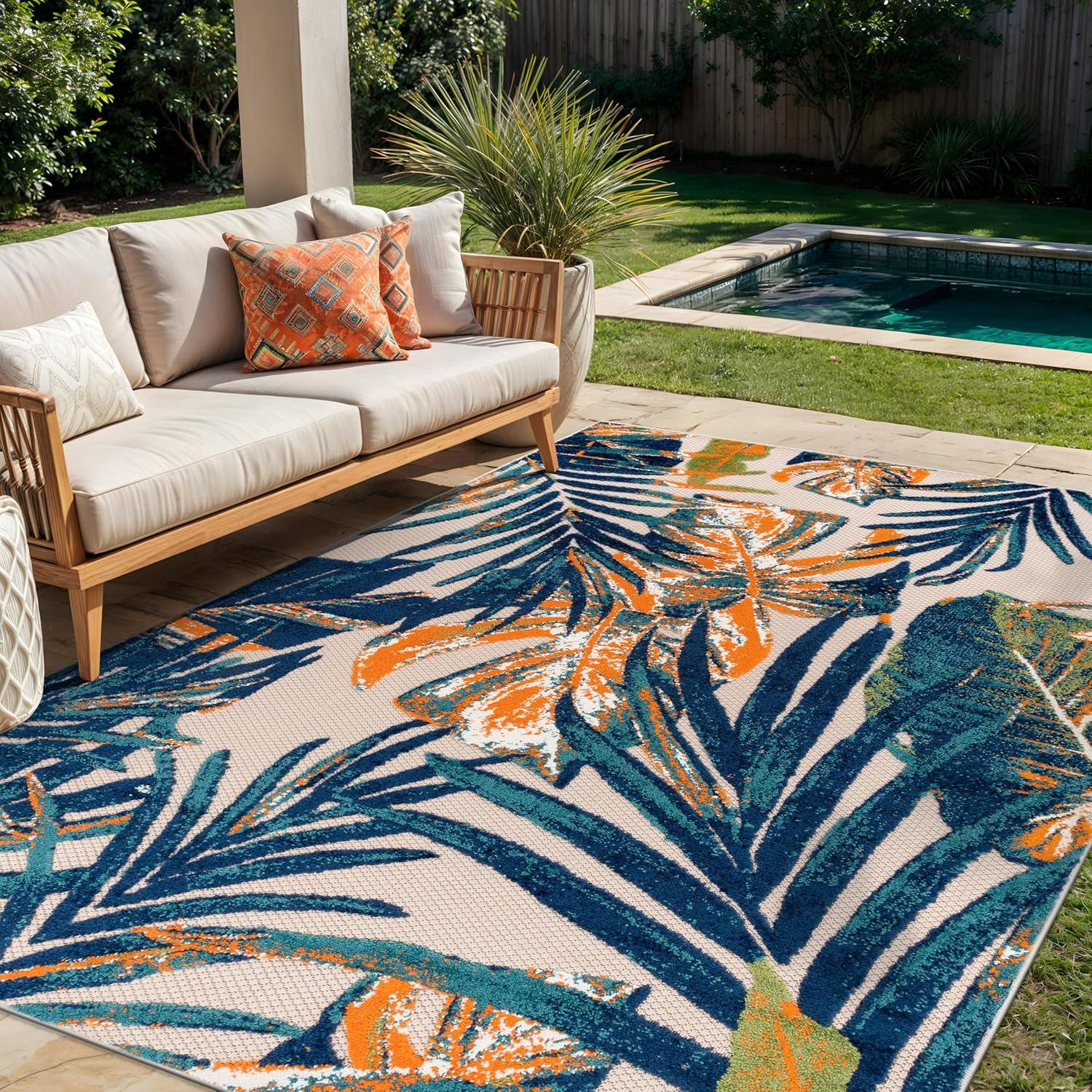 Rugshop Tropical Floral Leaves Indoor/Outdoor Area Rug Durable Polypropylene, Non-Shedding, Easy to Clean, Perfect for Patio, Backyard, Deck and Outdoor Lounge, High Traffic Areas, 3'3" x 5'