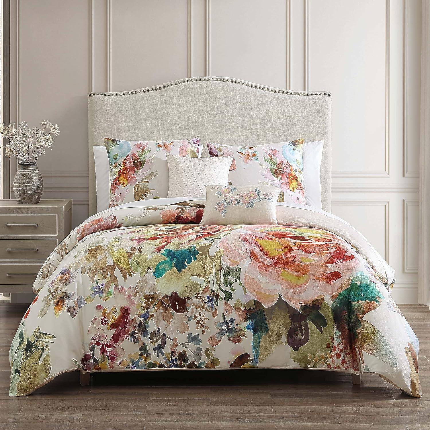 Ivory Floral Cotton Sateen Reversible Queen Comforter Set