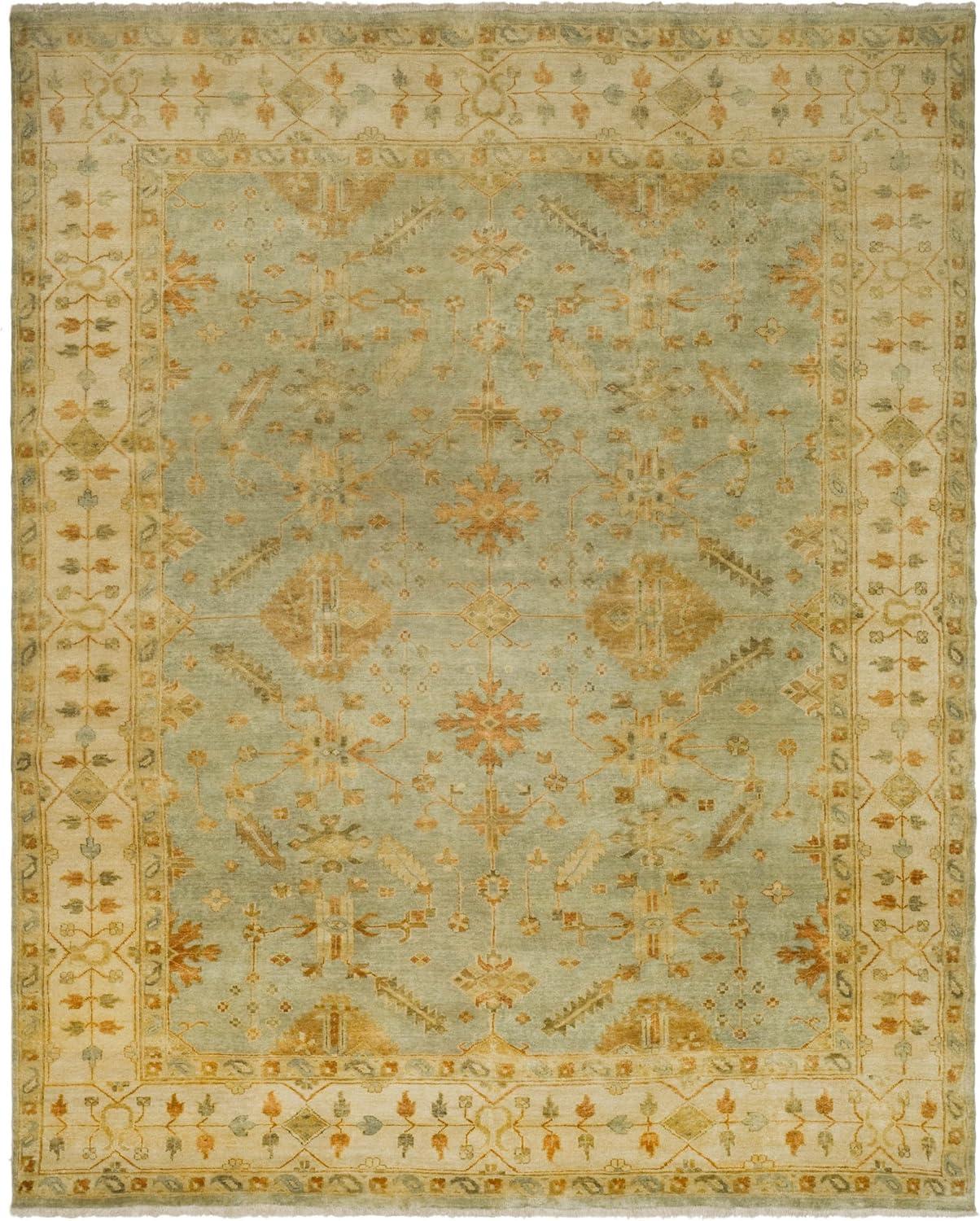 Hand-Knotted Ivory and Soft Green Wool 10' x 14' Rug