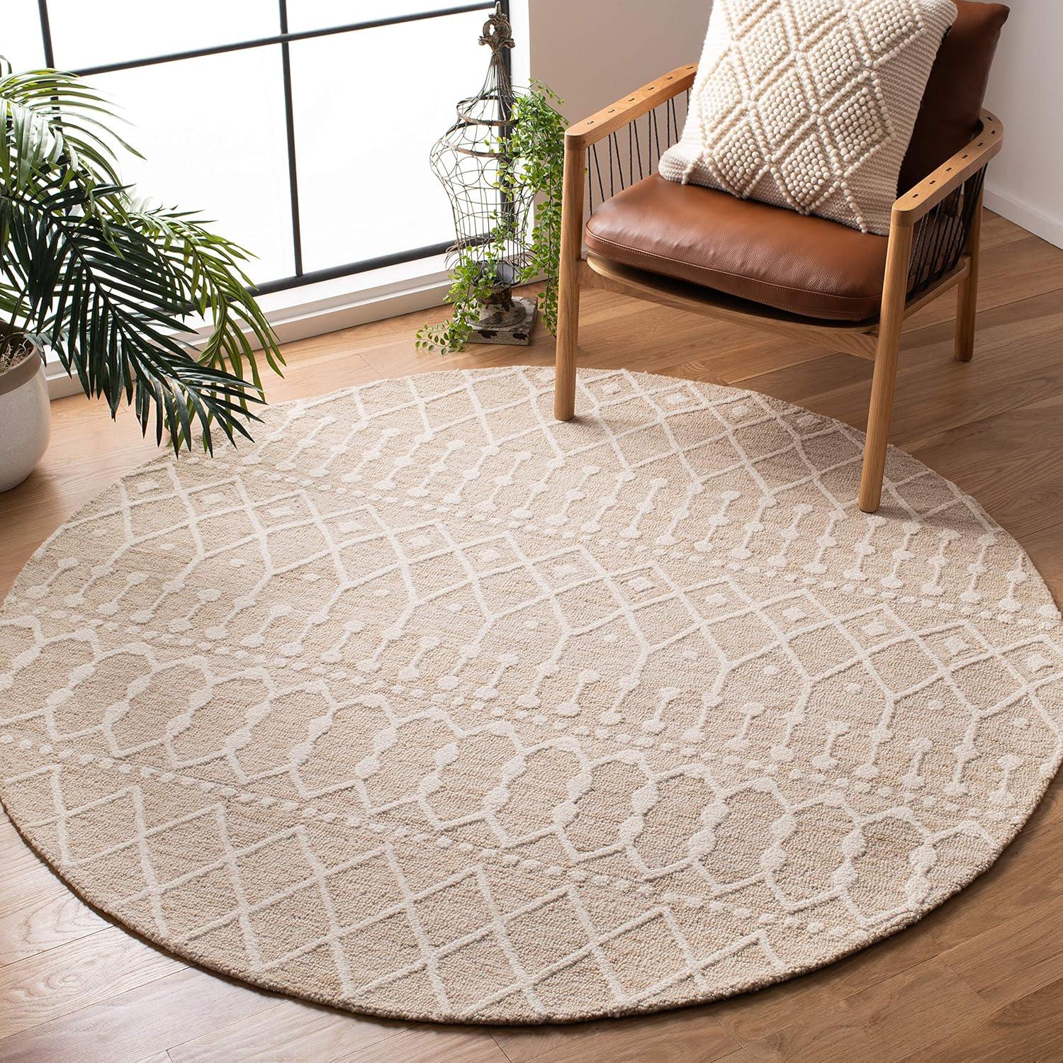 Ivory and Beige Hand Tufted Wool Round Floral Rug