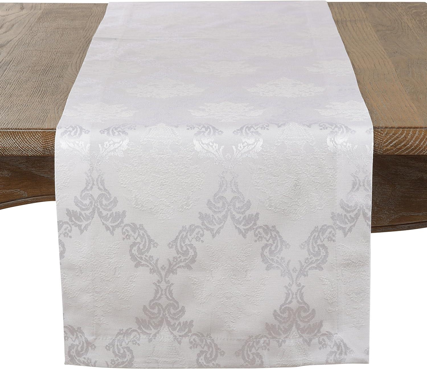 White Damask Cotton Blend Table Runner